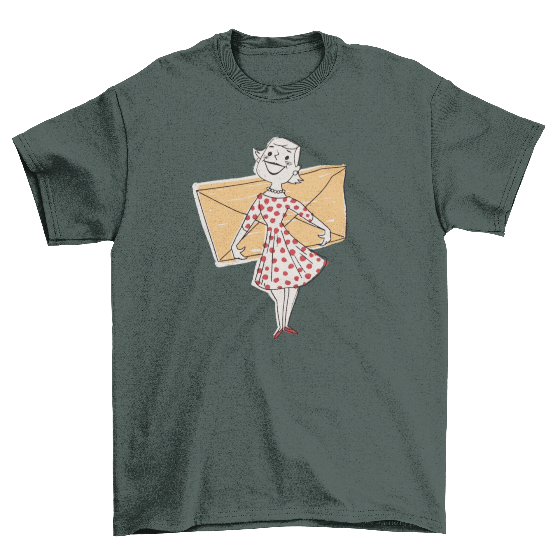 Stylish t-shirt featuring a woman holding a large envelope, showcasing a unique and artistic design.