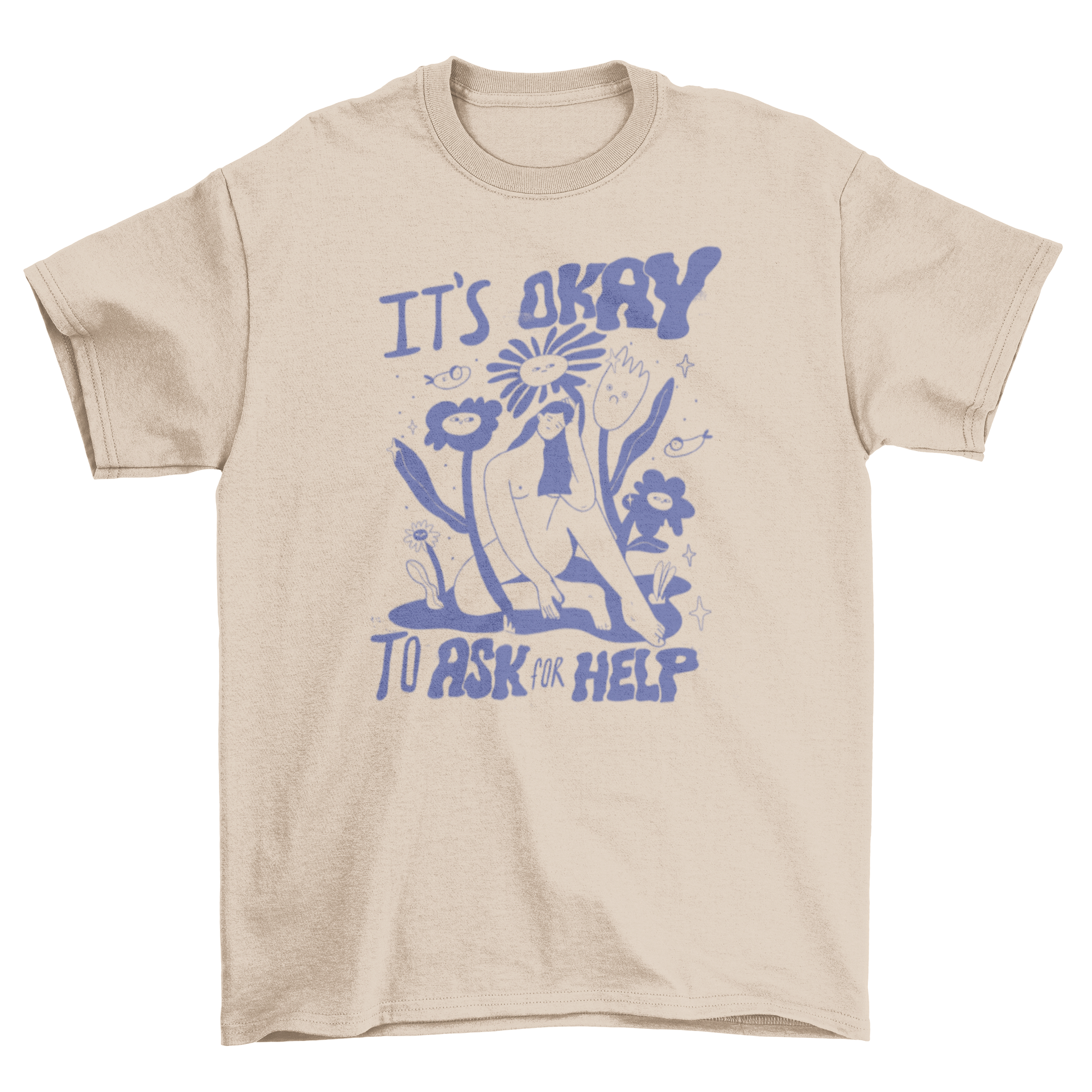 A cartoon t-shirt featuring a woman surrounded by colorful flowers with the quote 'It's okay to ask for help'.