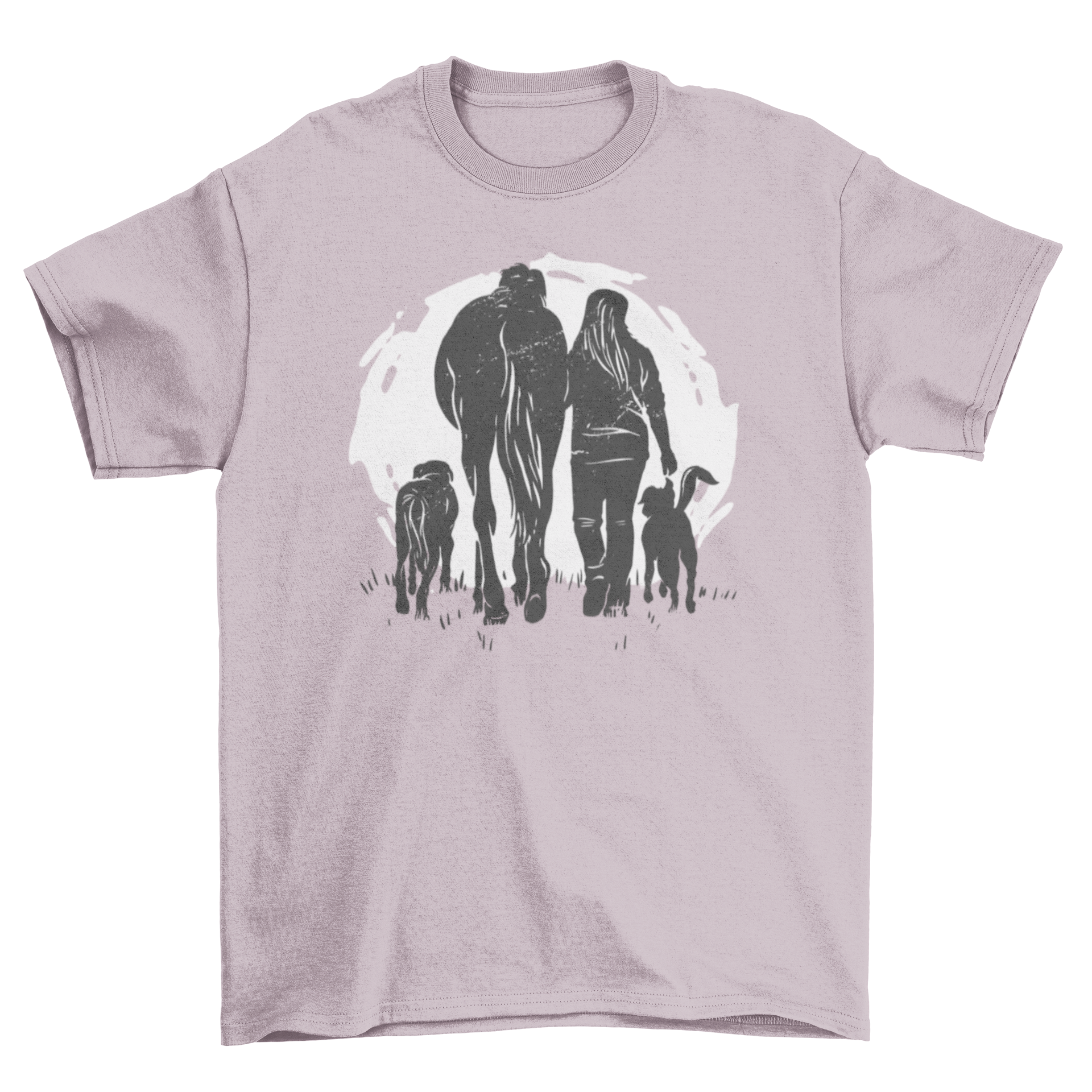 A stylish t-shirt featuring a woman walking with a horse and two dogs in a grunge style design.