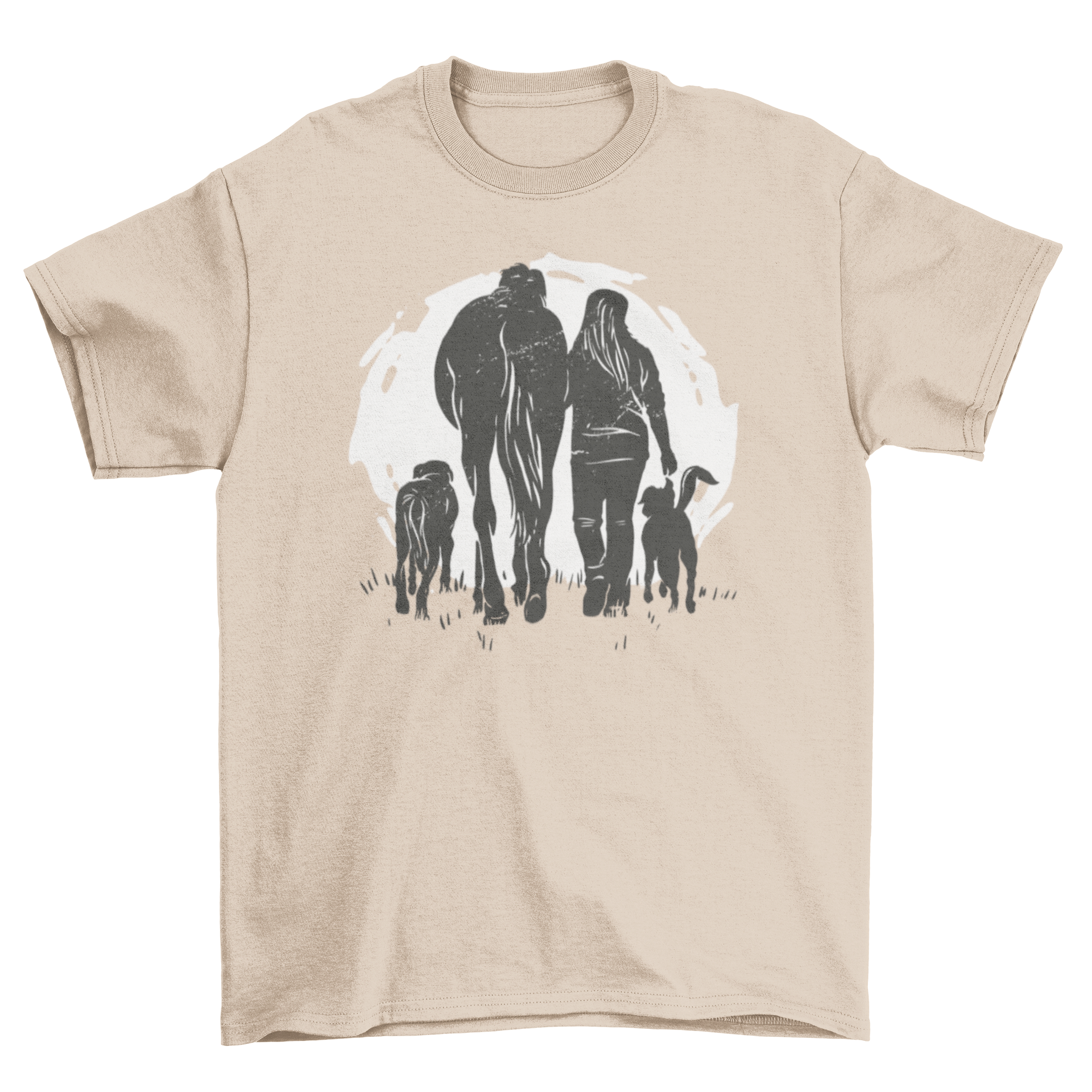 A stylish t-shirt featuring a woman walking with a horse and two dogs in a grunge style design.