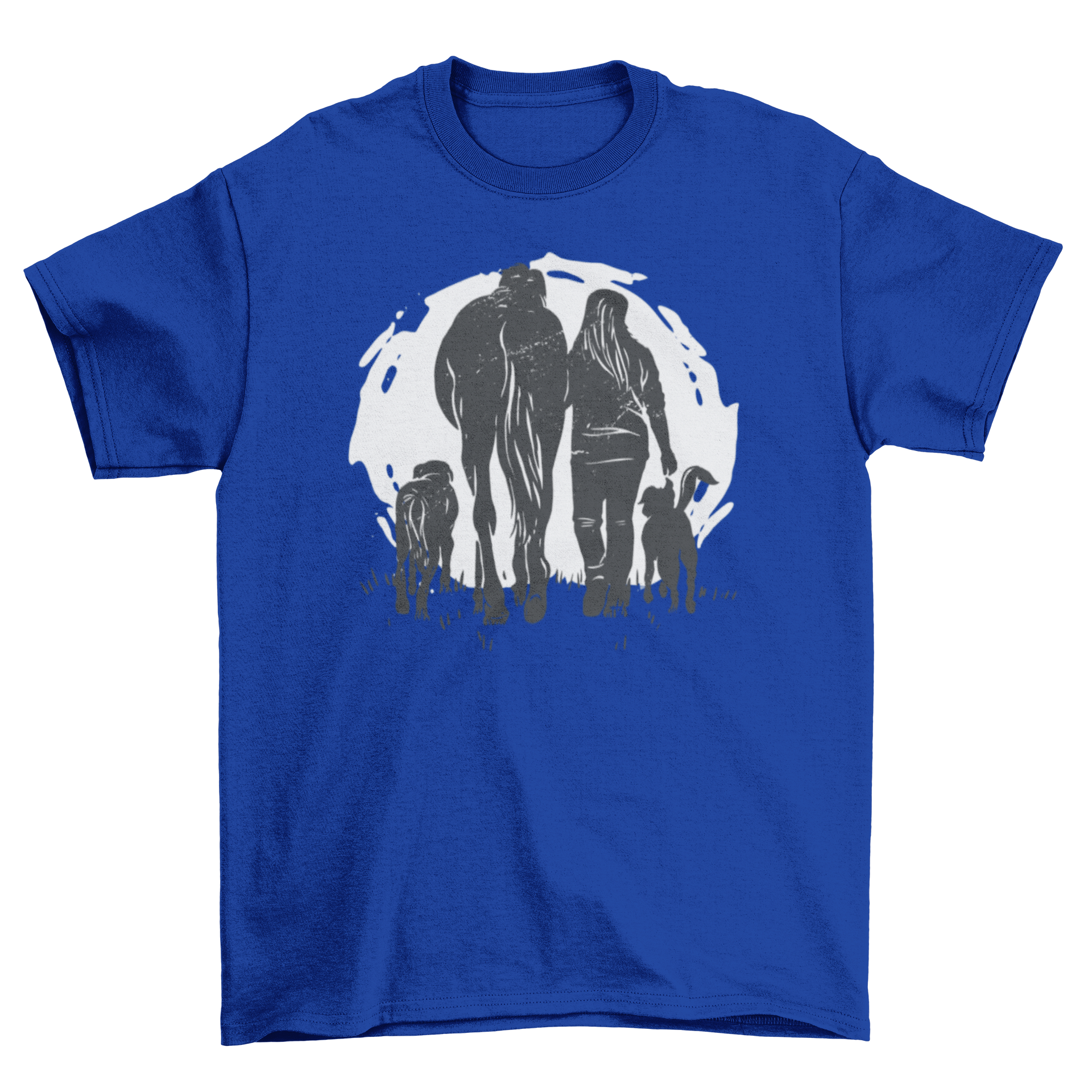 A stylish t-shirt featuring a woman walking with a horse and two dogs in a grunge style design.