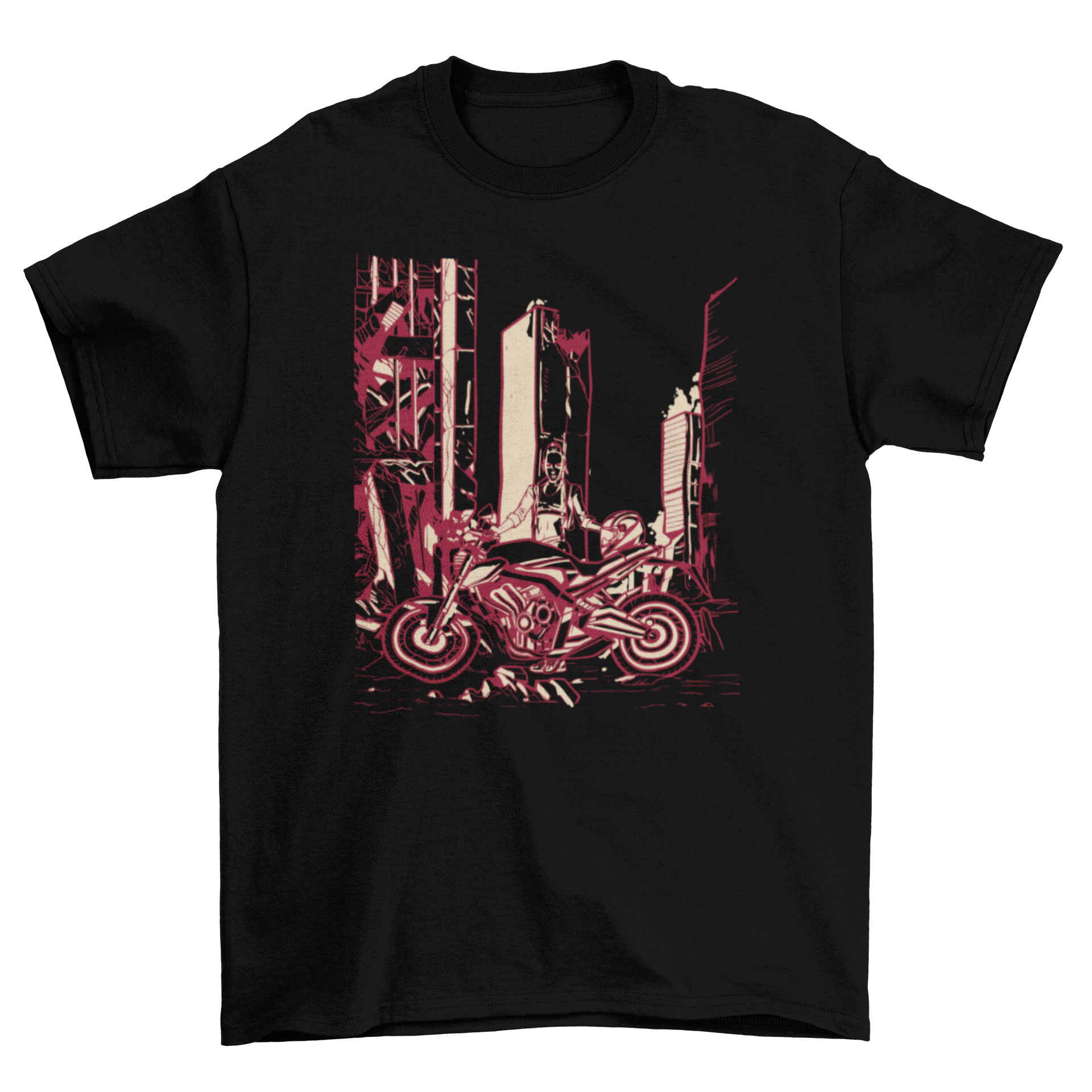 A stylish t-shirt featuring a woman standing next to a motorcycle in a destroyed city, showcasing a bold and adventurous design.