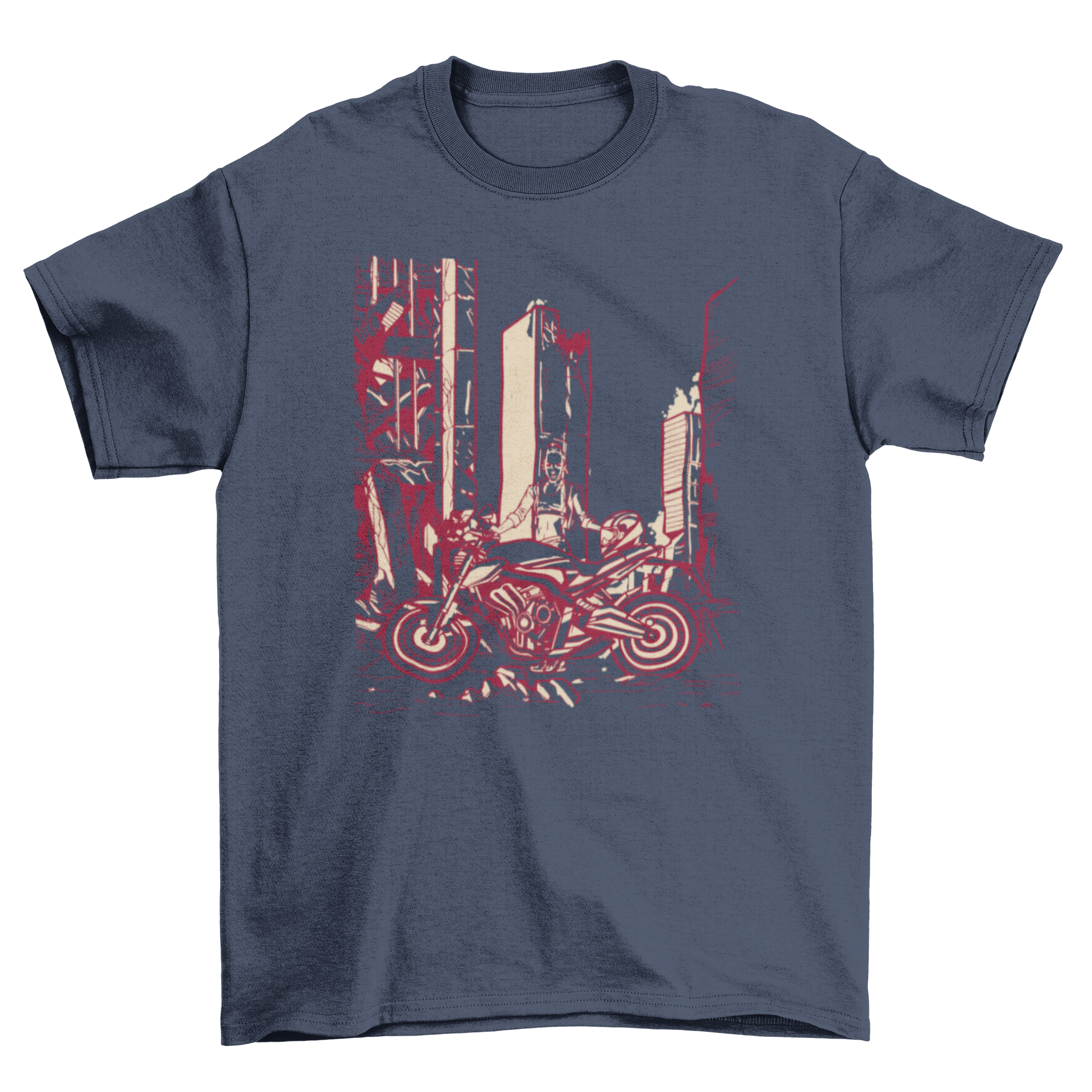 A stylish t-shirt featuring a woman standing next to a motorcycle in a destroyed city, showcasing a bold and adventurous design.