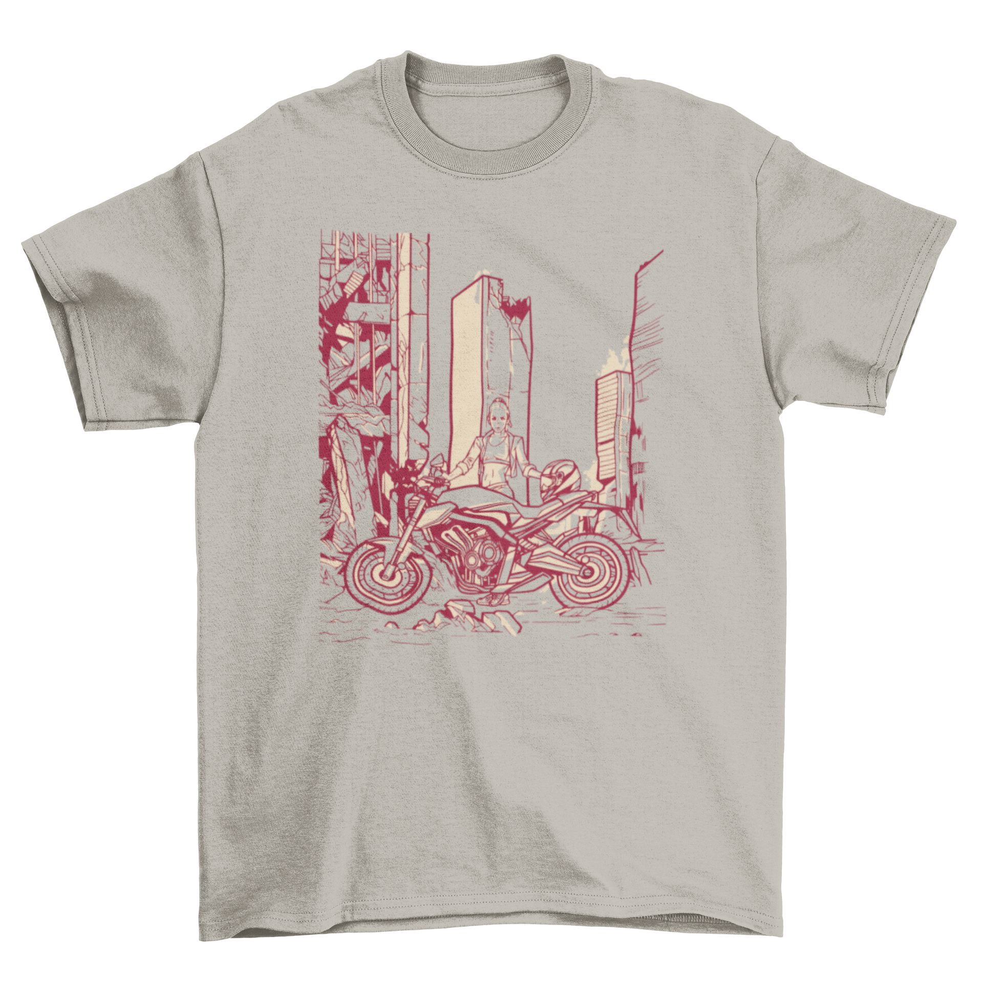 A stylish t-shirt featuring a woman standing next to a motorcycle in a destroyed city, showcasing a bold and adventurous design.