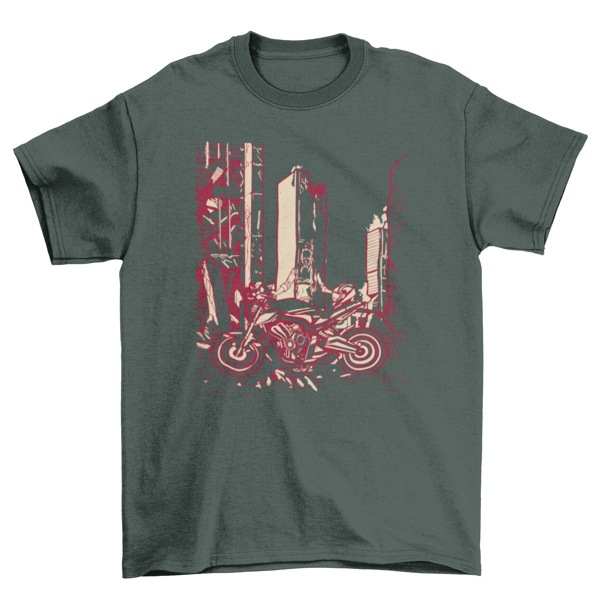 A stylish t-shirt featuring a woman standing next to a motorcycle in a destroyed city, showcasing a bold and adventurous design.