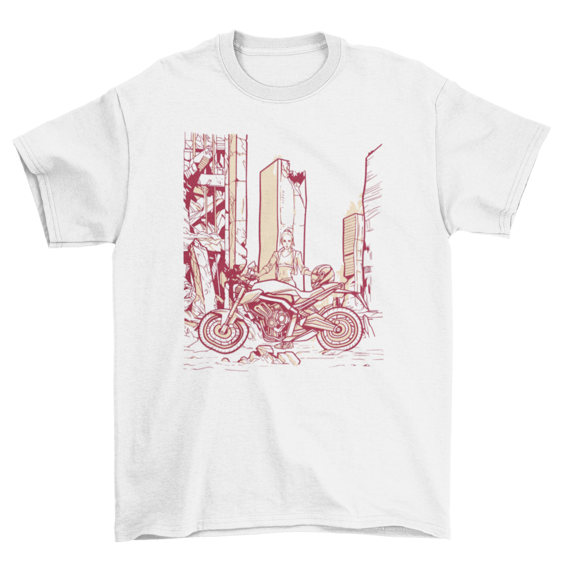 A stylish t-shirt featuring a woman standing next to a motorcycle in a destroyed city, showcasing a bold and adventurous design.