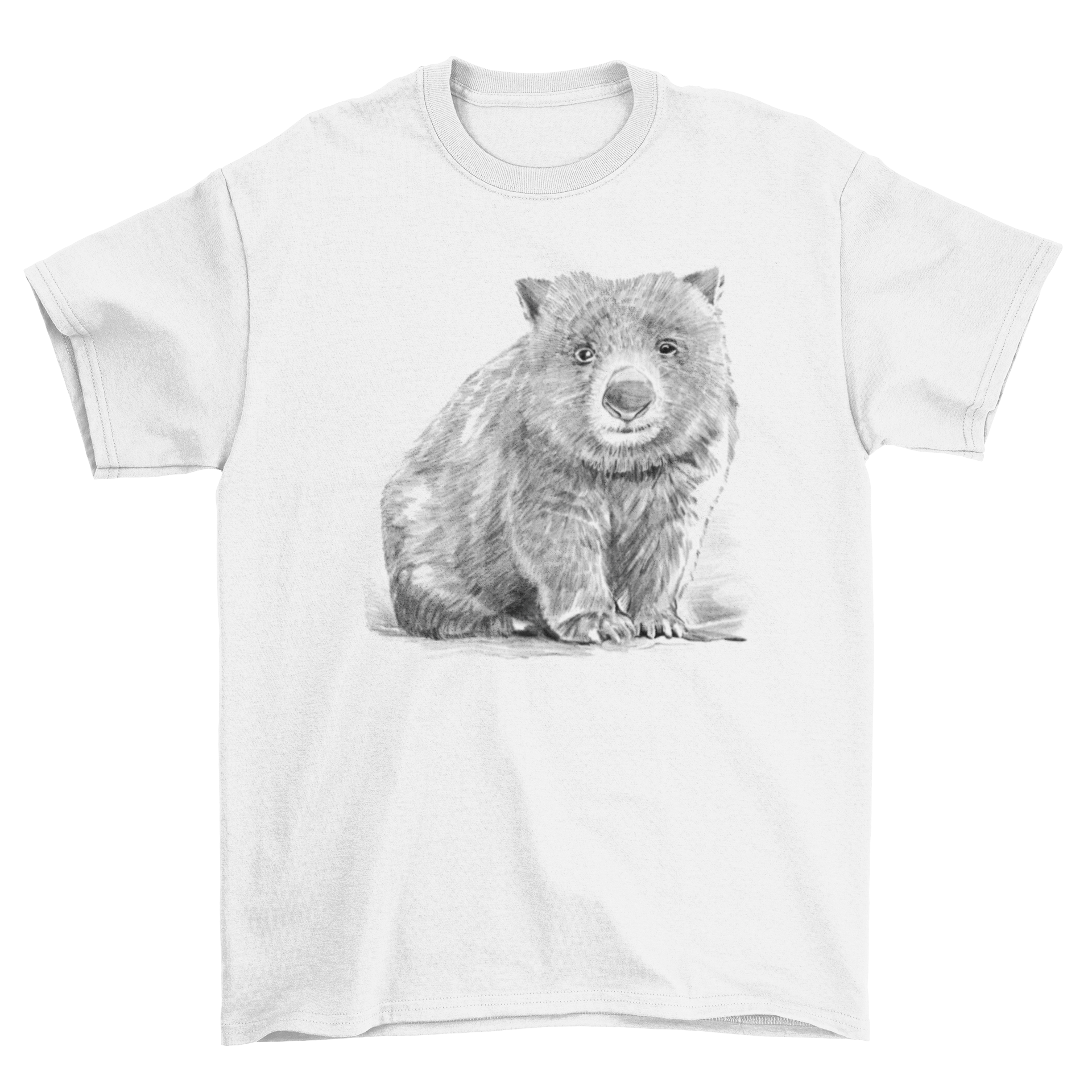 A stylish t-shirt featuring a realistic pencil drawing of a wombat, showcasing intricate details and artistic design.