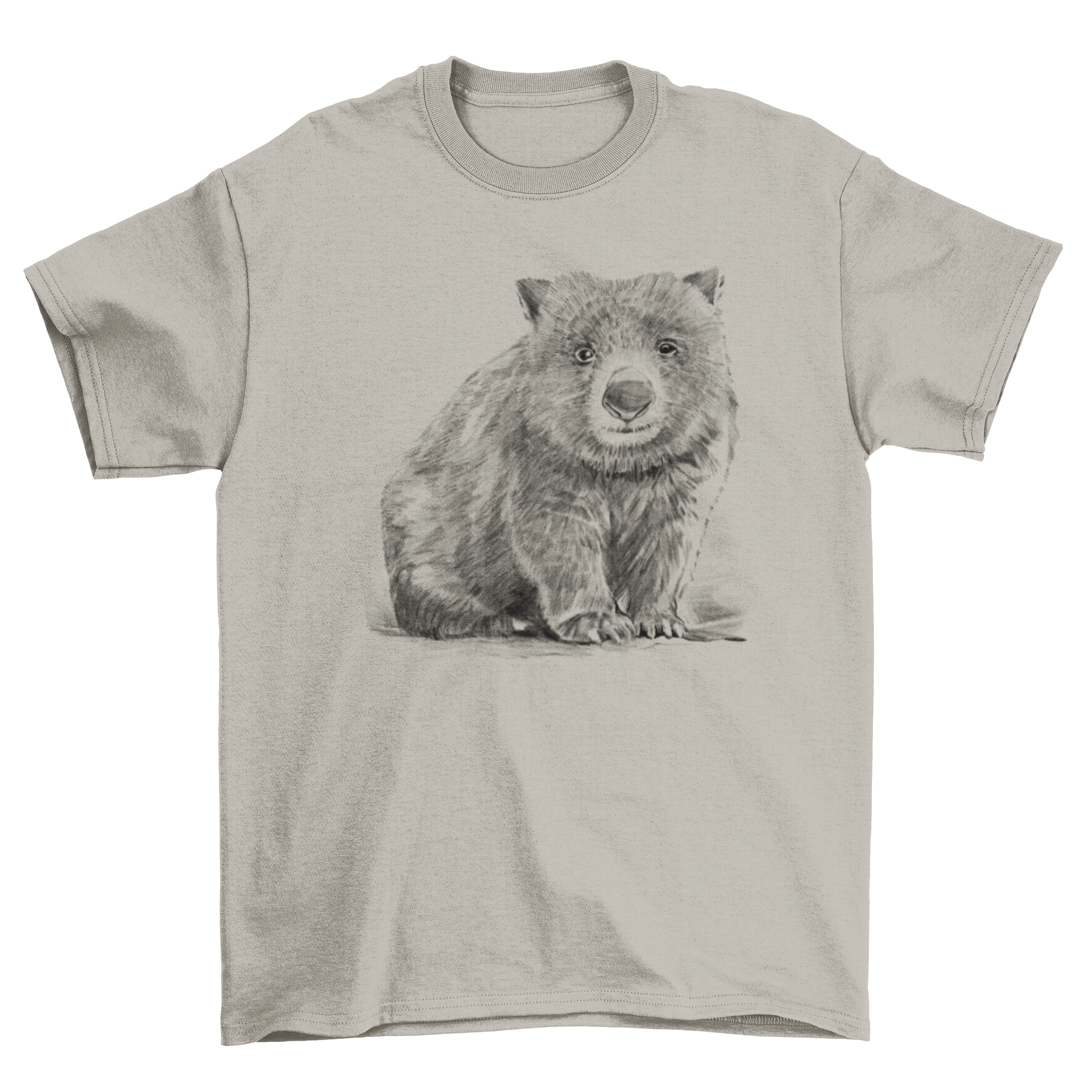 A stylish t-shirt featuring a realistic pencil drawing of a wombat, showcasing intricate details and artistic design.