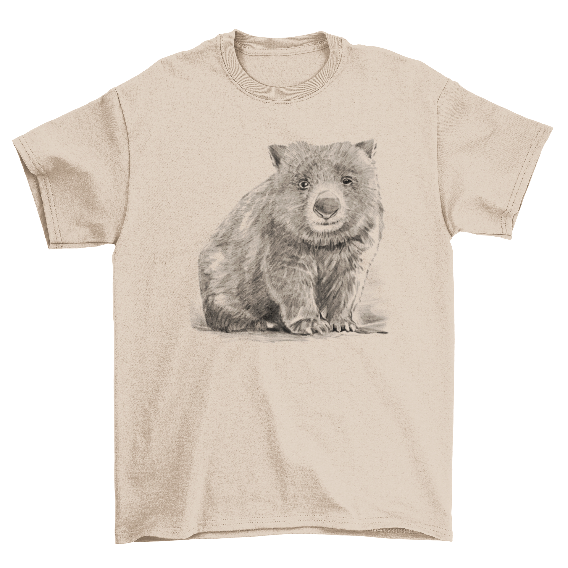 A stylish t-shirt featuring a realistic pencil drawing of a wombat, showcasing intricate details and artistic design.