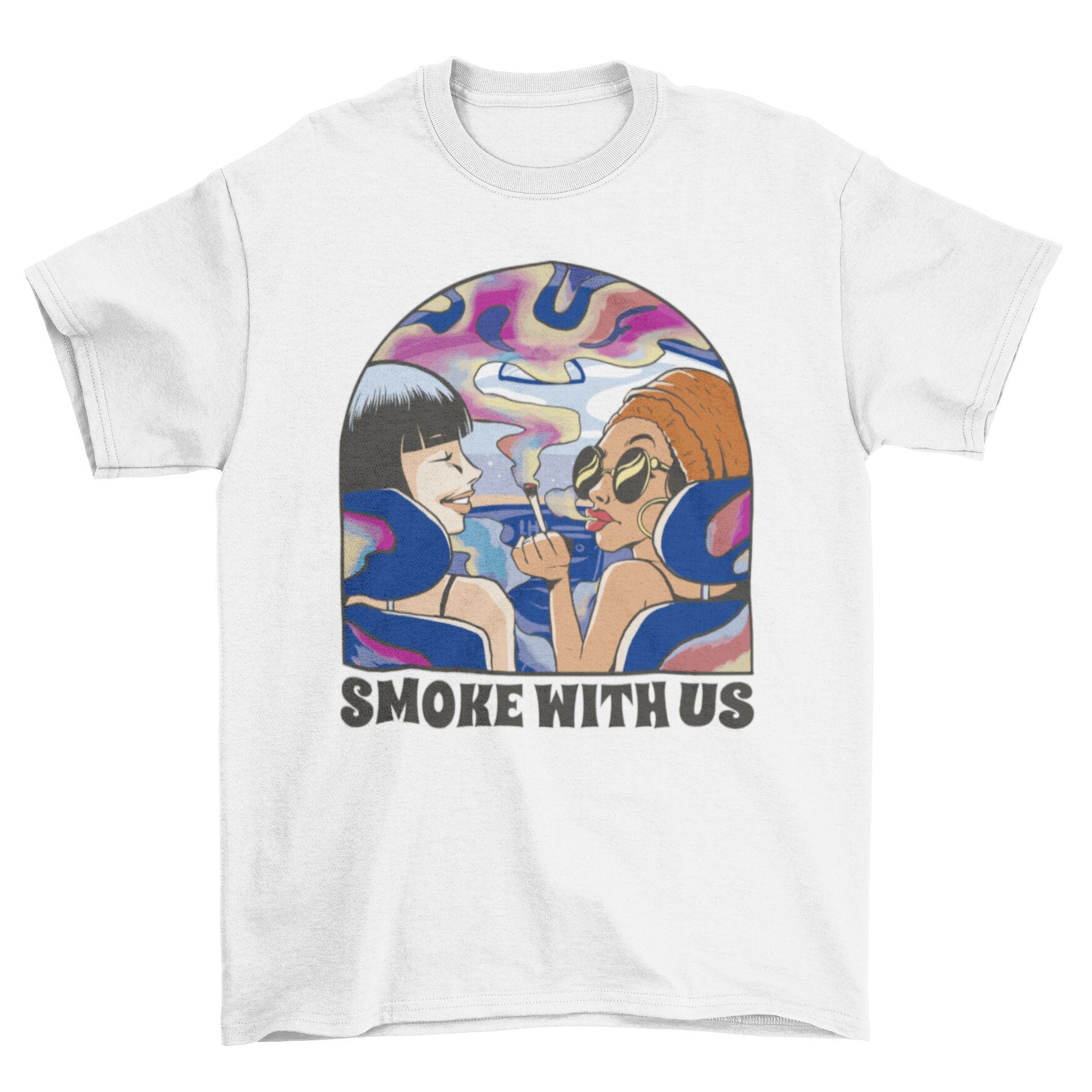 Women smoking inside a car with trippy smoke design on a stylish t-shirt.