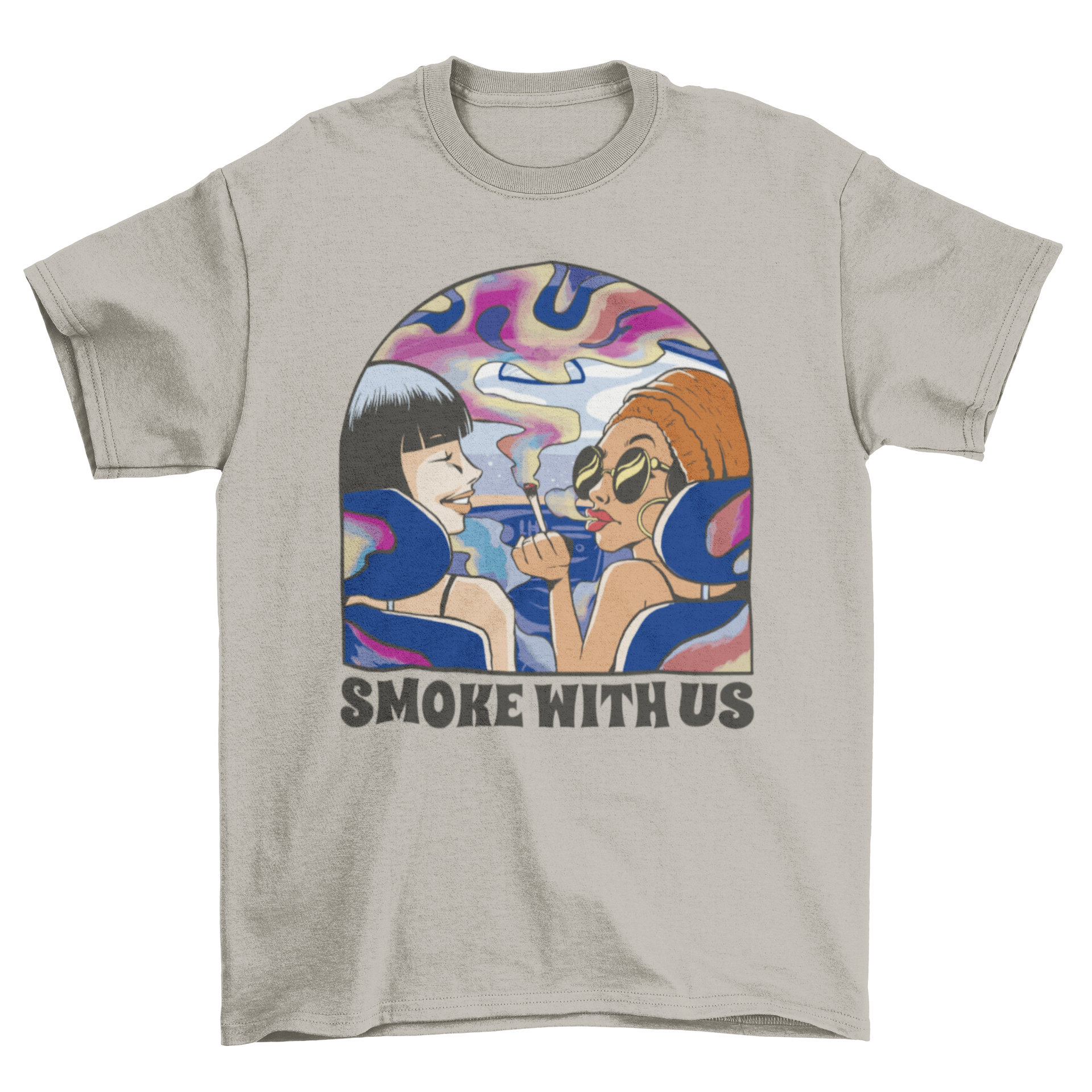 Women smoking inside a car with trippy smoke design on a stylish t-shirt.