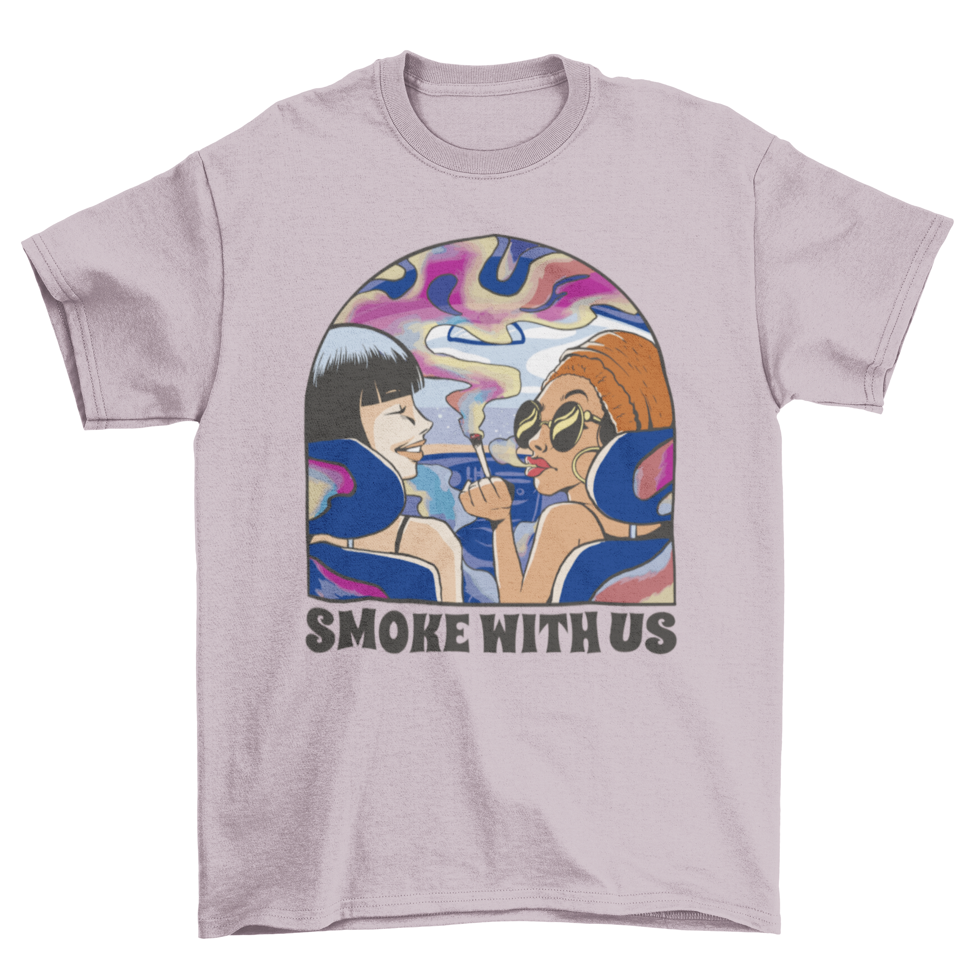 Women smoking inside a car with trippy smoke design on a stylish t-shirt.