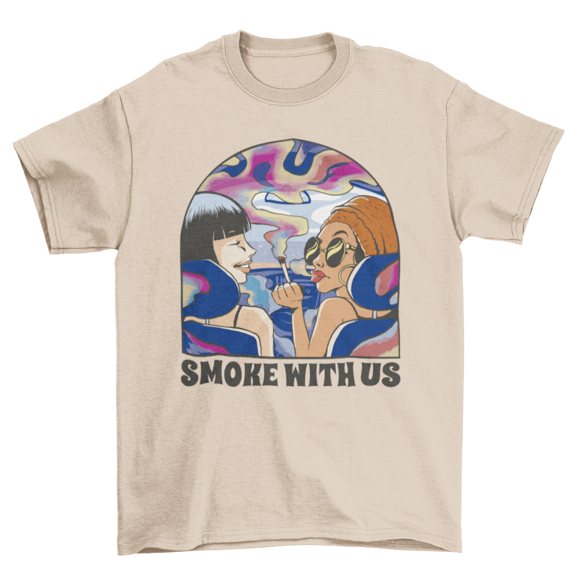 Women smoking inside a car with trippy smoke design on a stylish t-shirt.