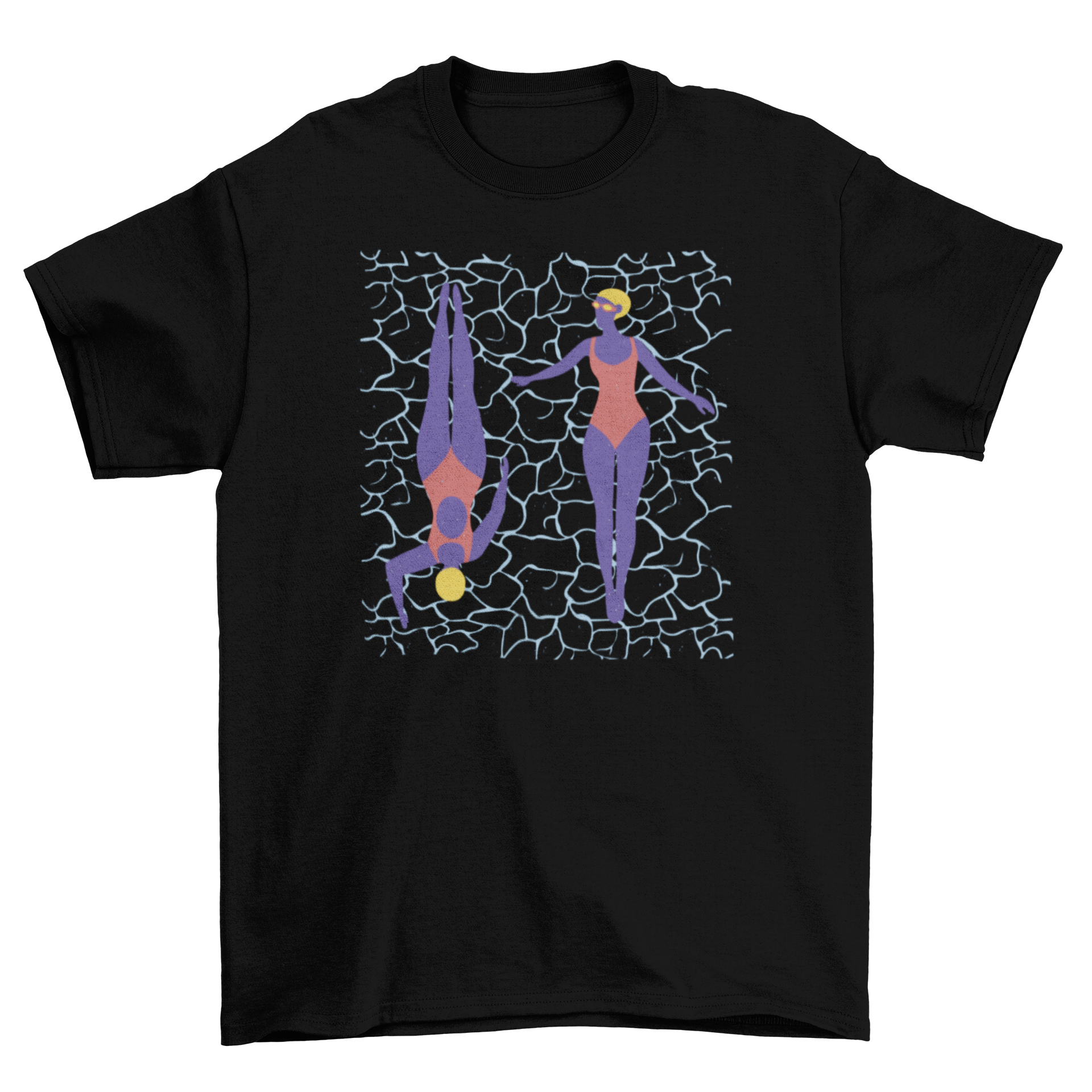 Women swimming t-shirt featuring two women in a flat style design, perfect for swimming enthusiasts.