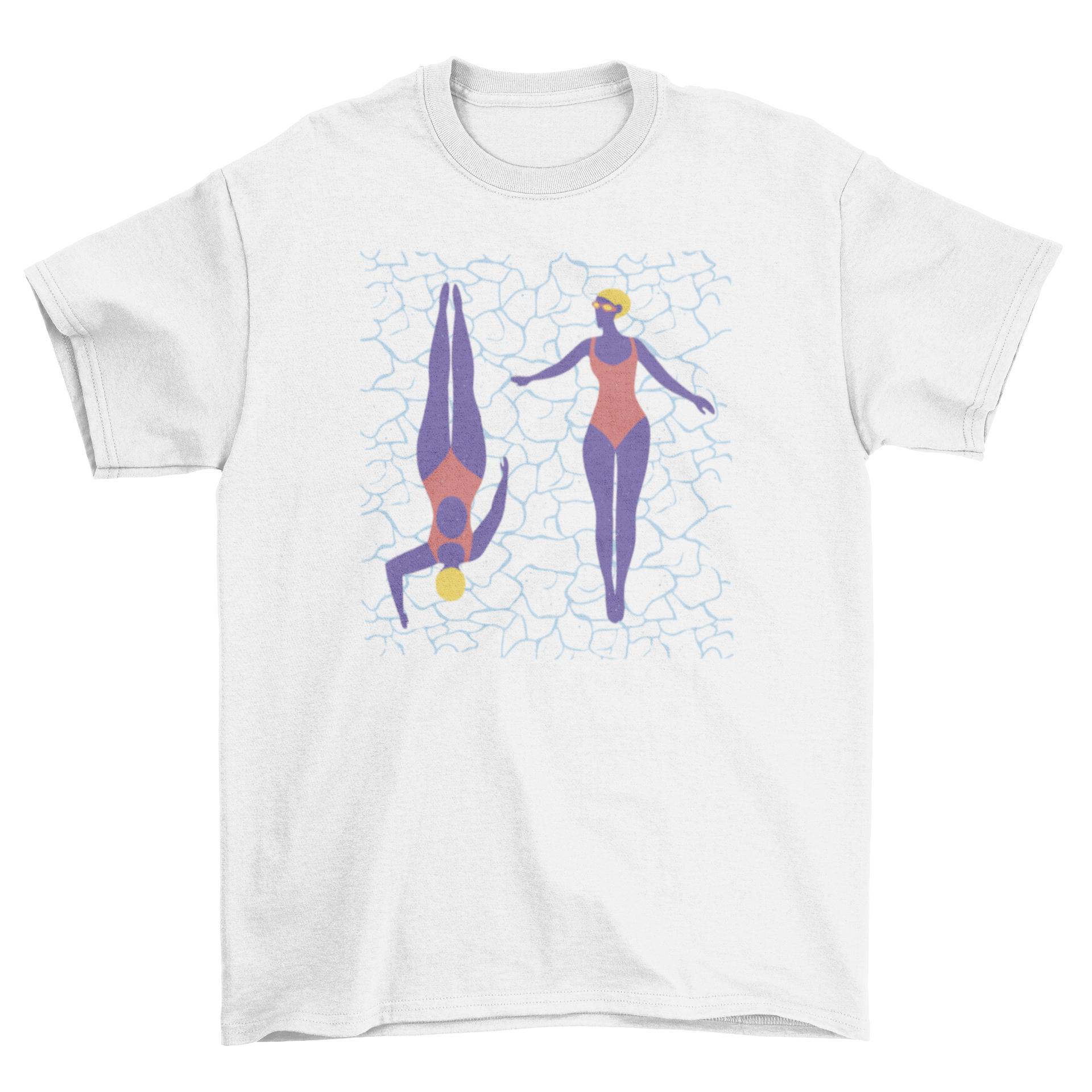 Women swimming t-shirt featuring two women in a flat style design, perfect for swimming enthusiasts.