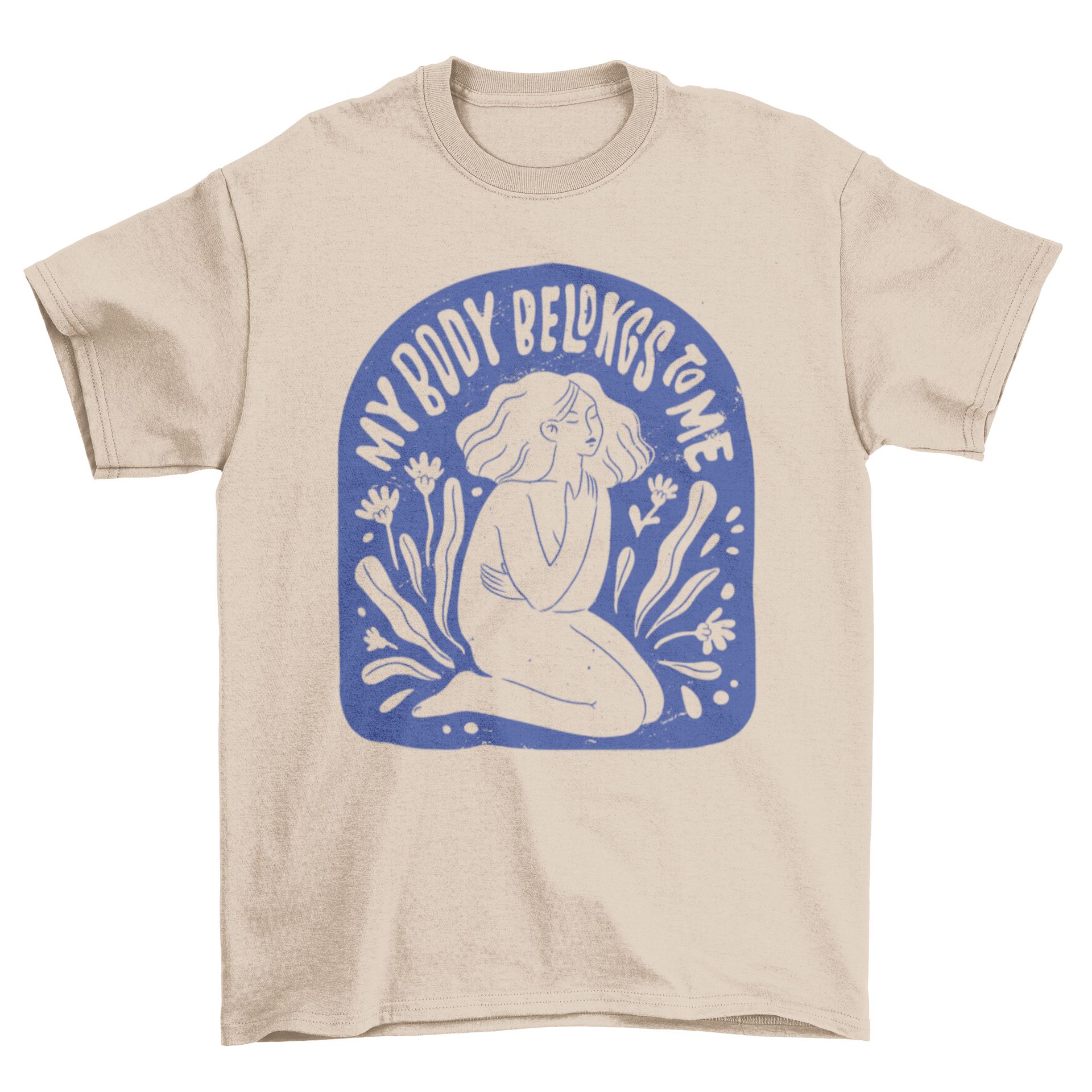 Women's body autonomy t-shirt featuring a woman and the quote 'My body belongs to me' in a stylish design.