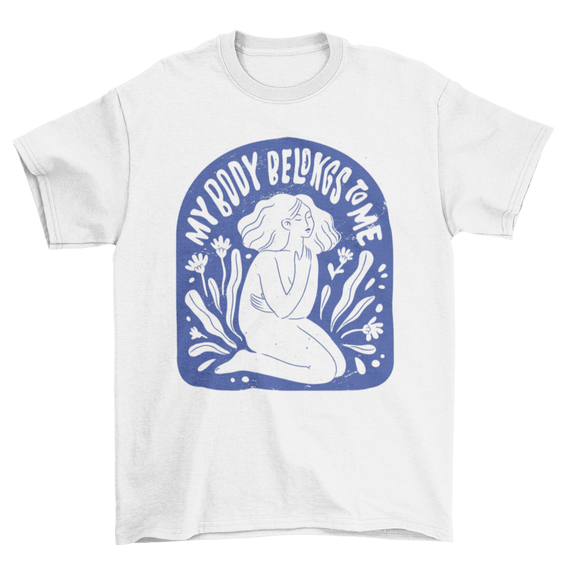 Women's body autonomy t-shirt featuring a woman and the quote 'My body belongs to me' in a stylish design.