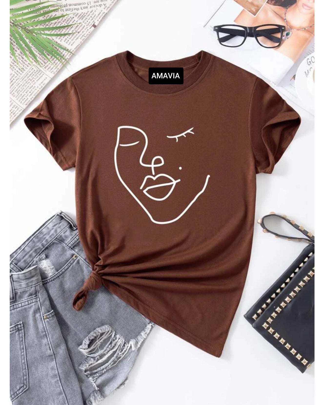 Women's Premium Cotton Printed T-Shirt in brown, featuring a stylish print and soft fabric, perfect for casual wear.