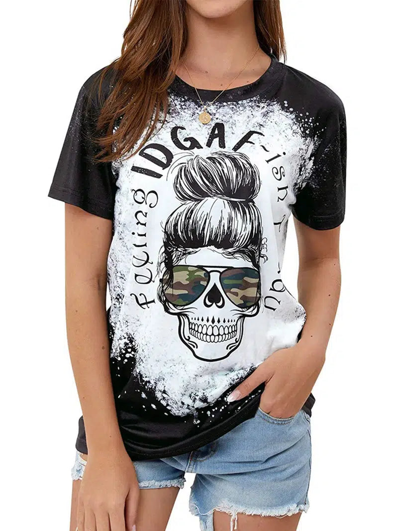 A stylish women's t-shirt featuring a bold skull print design, made from a soft cotton-polyester blend.