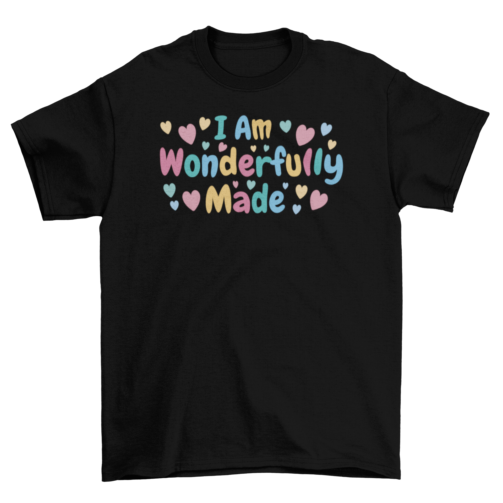 A stylish t-shirt featuring the quote 'I am wonderfully made' surrounded by hearts, perfect for casual wear.