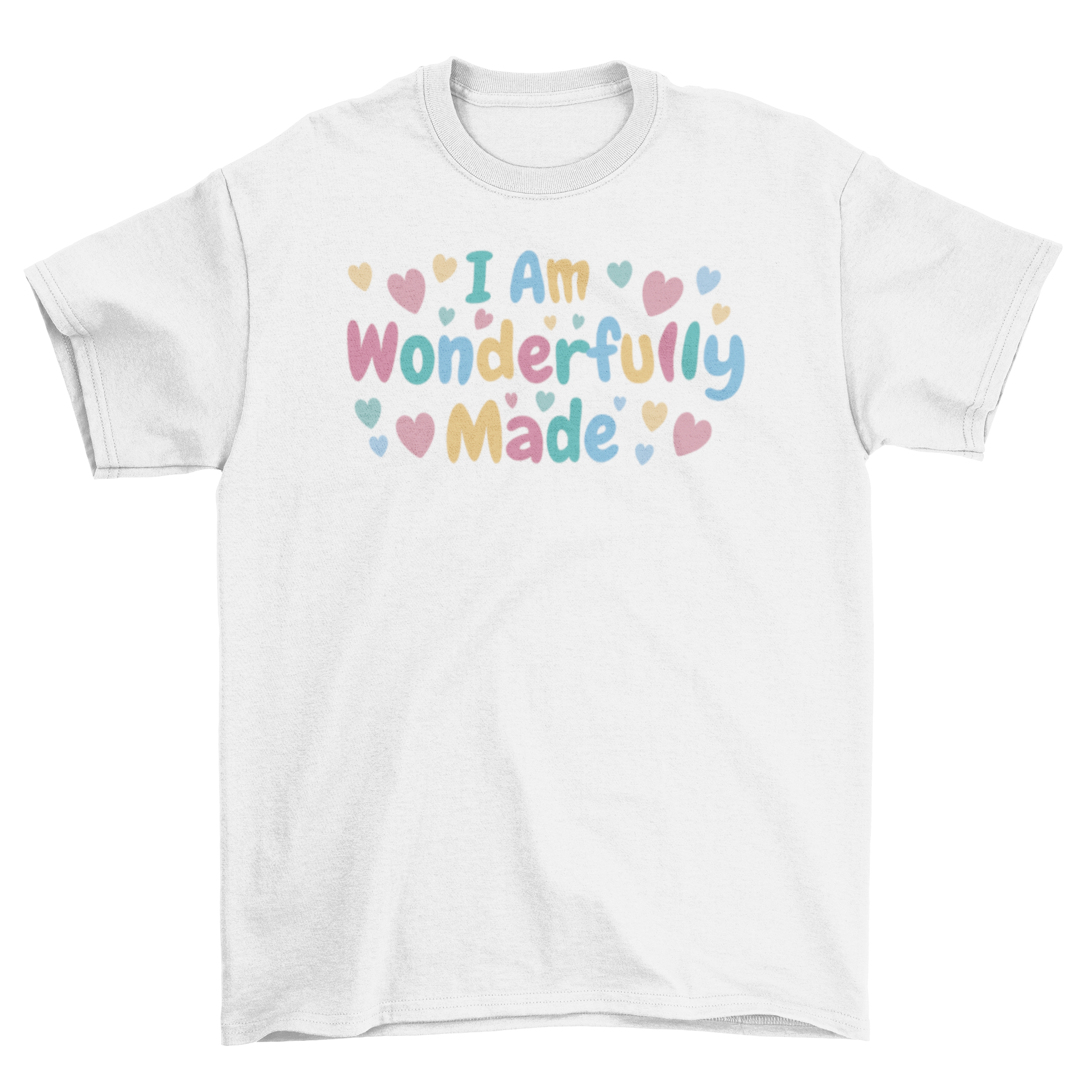 A stylish t-shirt featuring the quote 'I am wonderfully made' surrounded by hearts, perfect for casual wear.