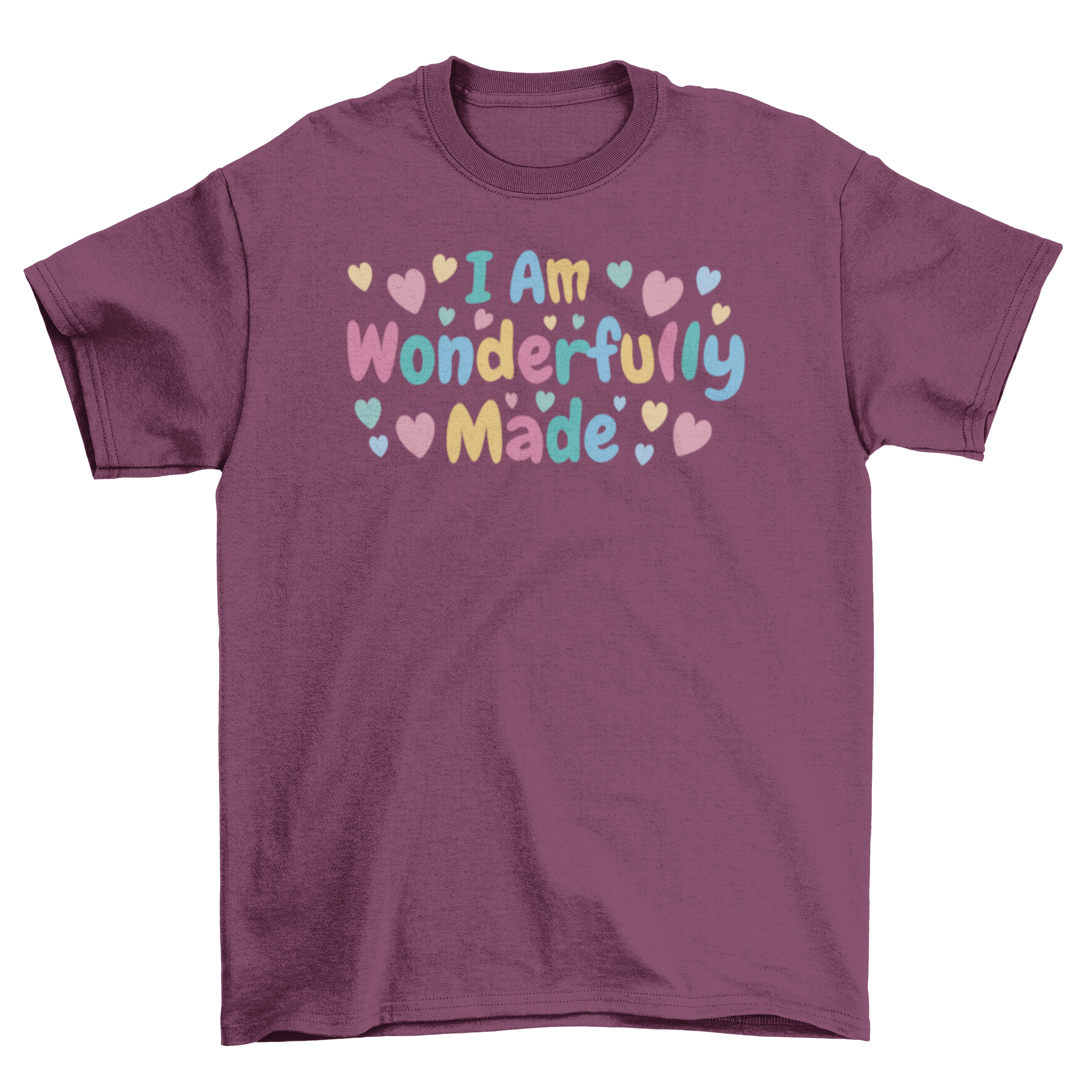 A stylish t-shirt featuring the quote 'I am wonderfully made' surrounded by hearts, perfect for casual wear.