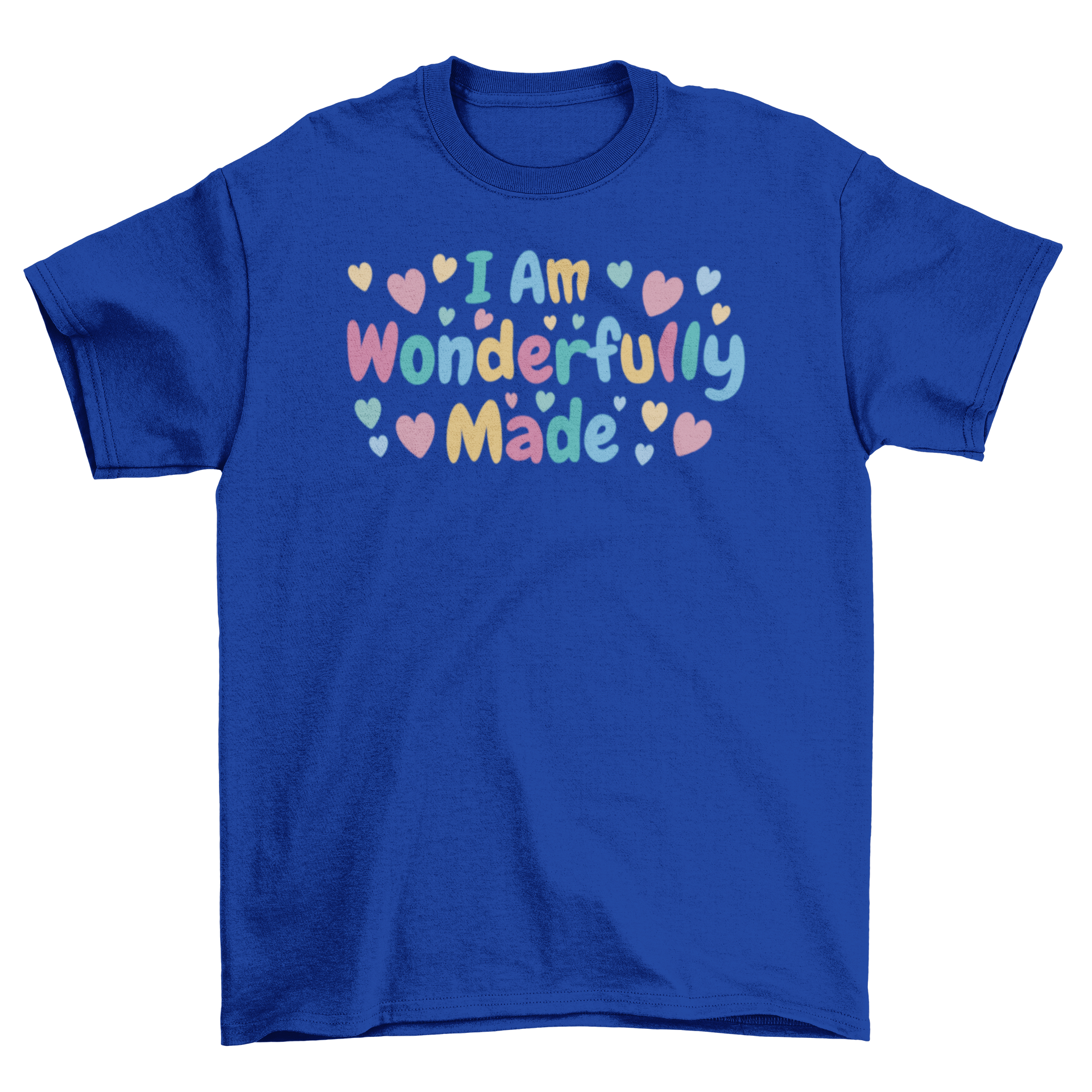 A stylish t-shirt featuring the quote 'I am wonderfully made' surrounded by hearts, perfect for casual wear.