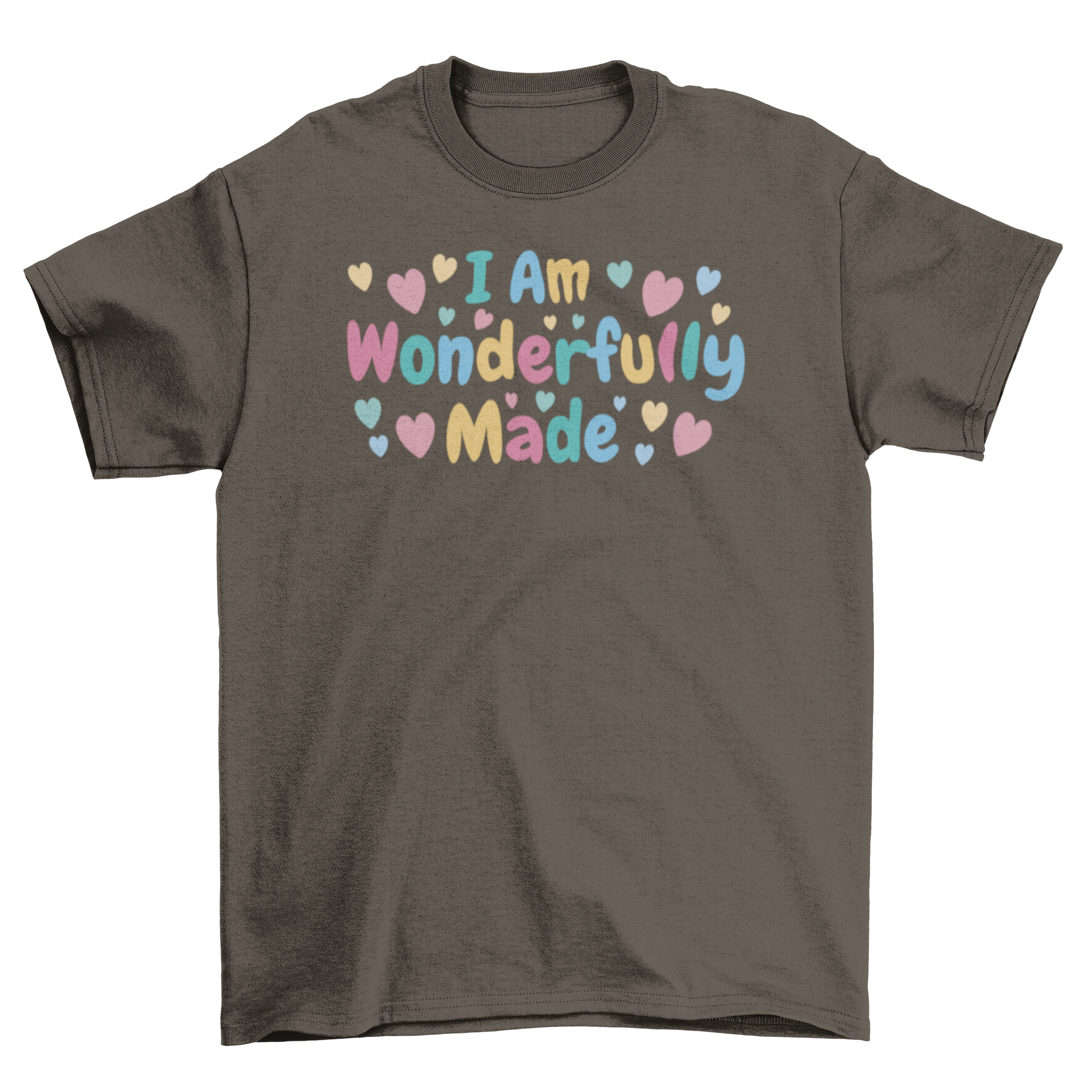 A stylish t-shirt featuring the quote 'I am wonderfully made' surrounded by hearts, perfect for casual wear.