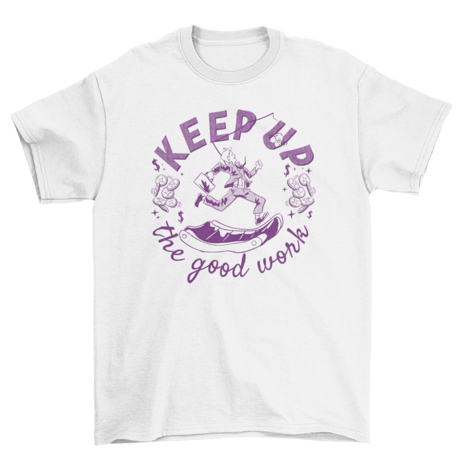 Workers' Day t-shirt featuring a businessman running on a track with the quote 'Keep up the good work'.