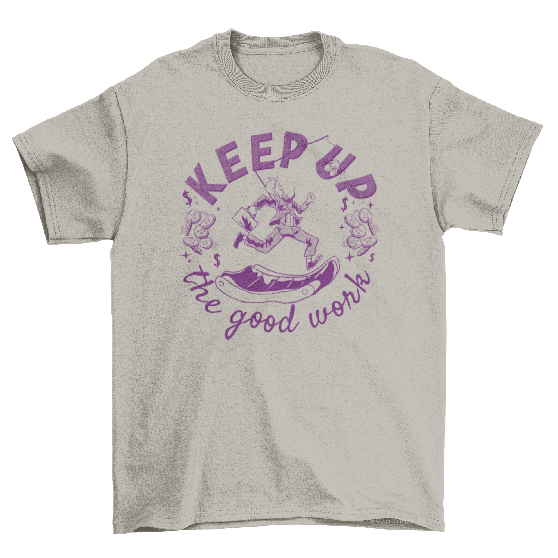 Workers' Day t-shirt featuring a businessman running on a track with the quote 'Keep up the good work'.