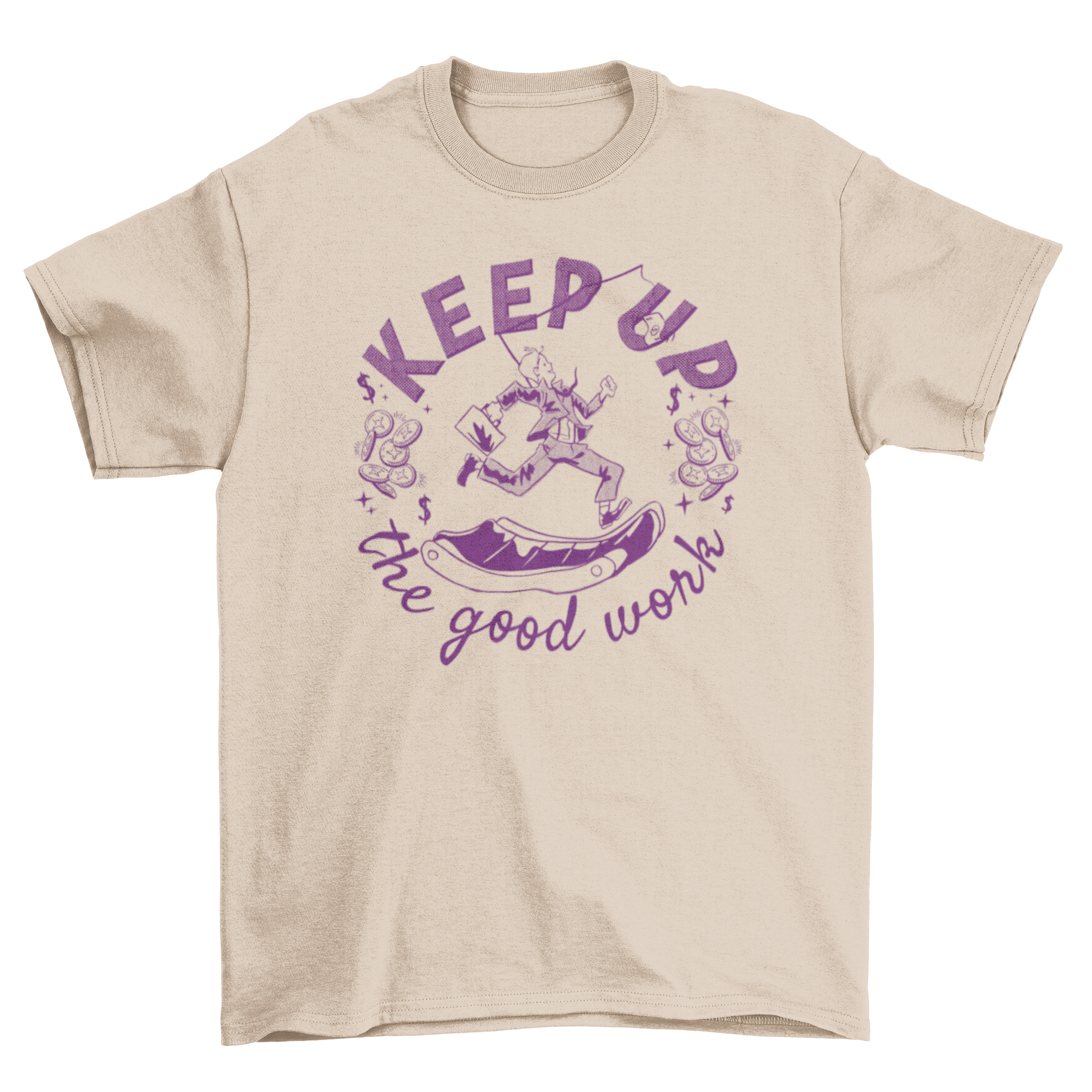 Workers' Day t-shirt featuring a businessman running on a track with the quote 'Keep up the good work'.