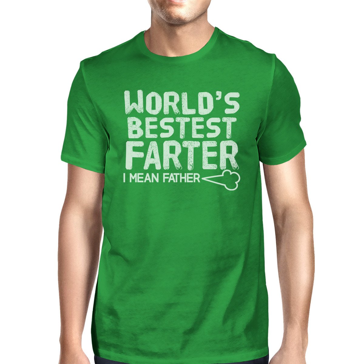 Men's green round neck t-shirt featuring the humorous graphic 'World's Bestest Farter', made from 100% ring spun cotton.