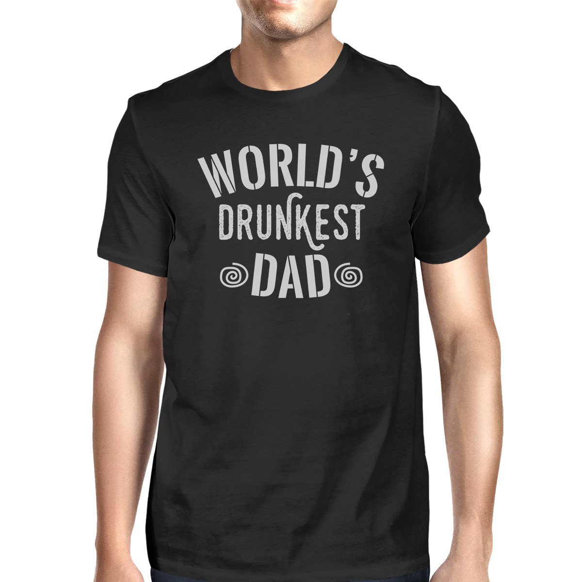 Men's black t-shirt featuring a humorous graphic design that reads 'World's Drunkest Dad', made from 100% ring spun cotton.