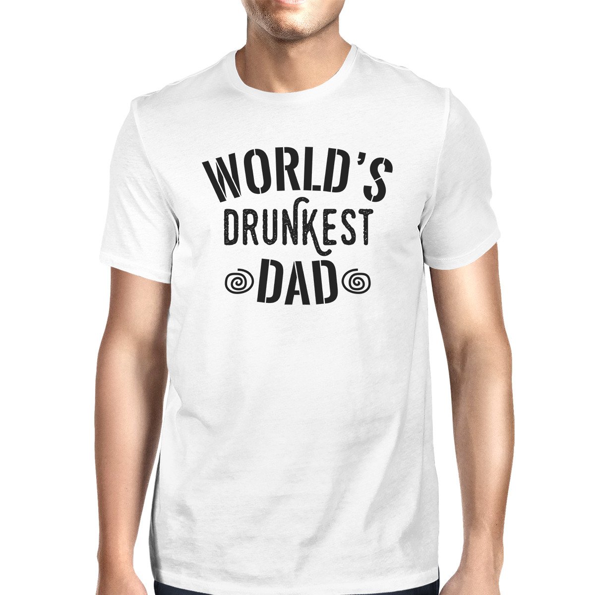 Men's white crew neck cotton t-shirt featuring a humorous graphic design that reads 'World's Drunkest Dad', perfect for Father's Day gifts.