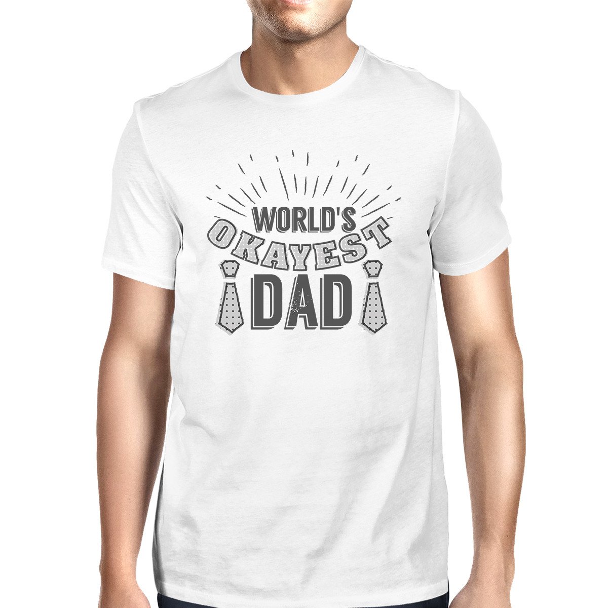 Men's white t-shirt featuring the graphic 'Worlds Okayest Dad', made from 100% ring spun cotton, perfect for Father's Day gifts.