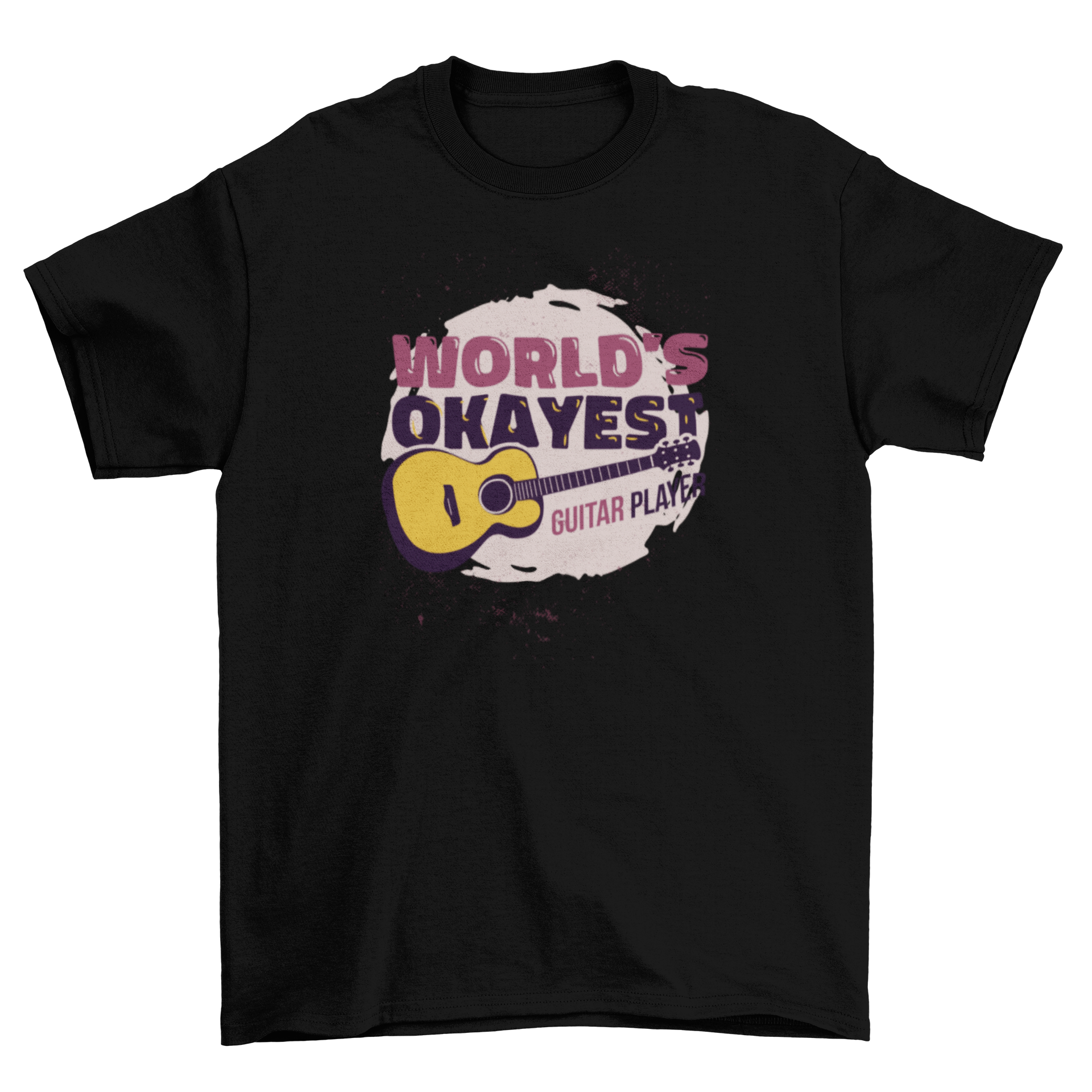 A humorous t-shirt featuring the quote 'World's Okayest Guitar Player' with a stylish guitar illustration.