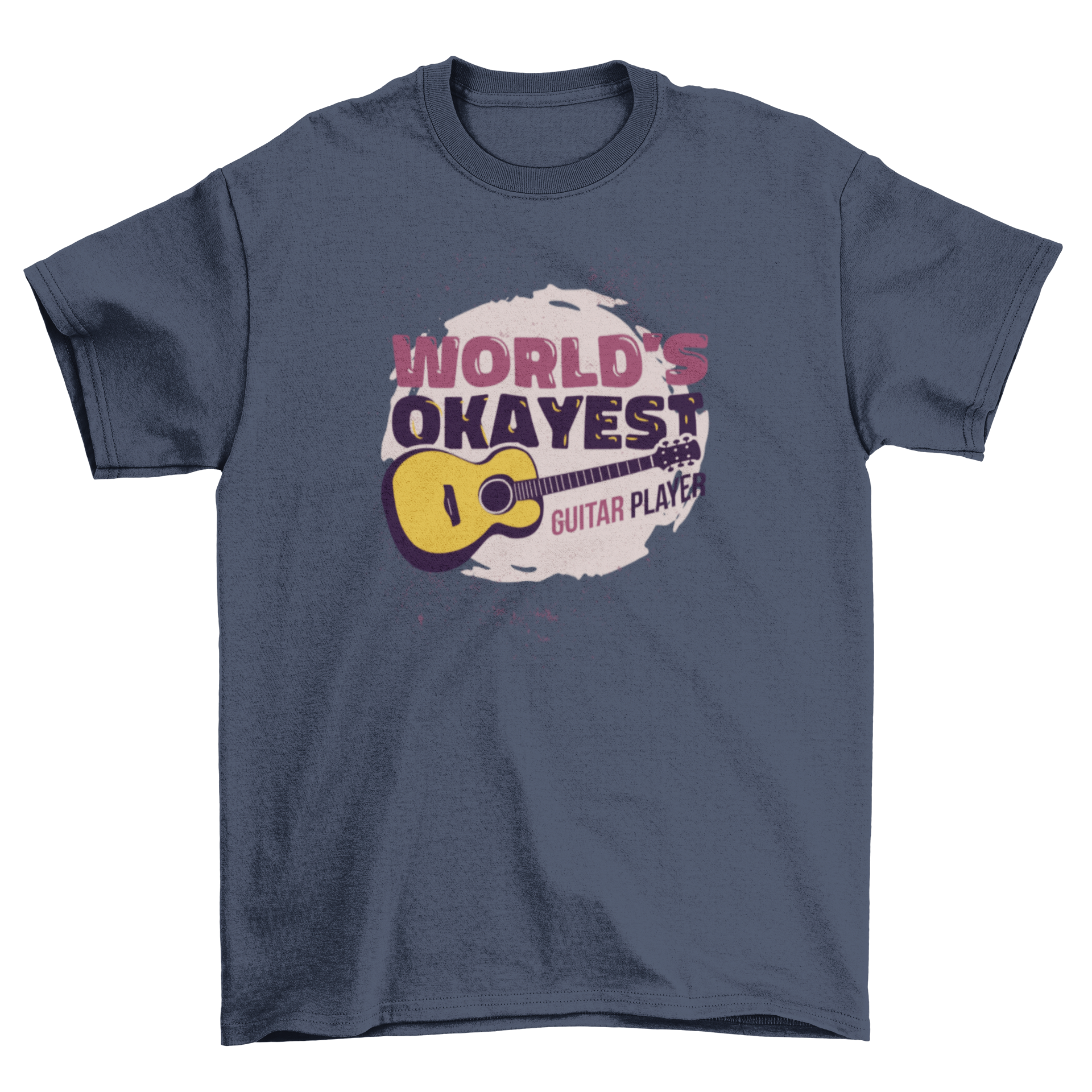 A humorous t-shirt featuring the quote 'World's Okayest Guitar Player' with a stylish guitar illustration.