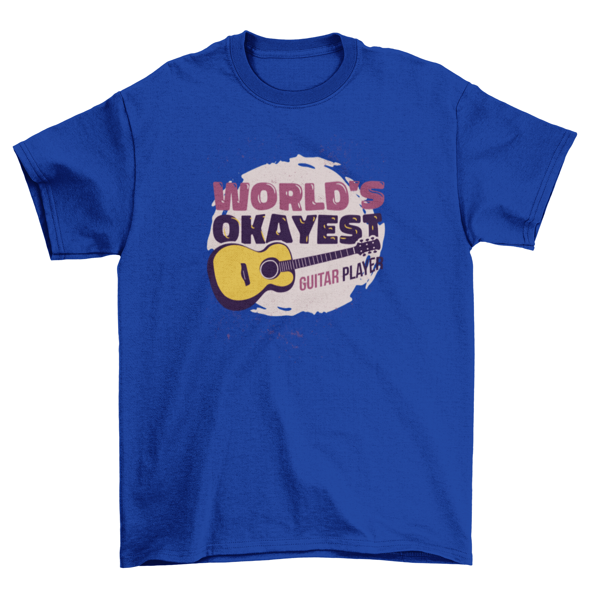 A humorous t-shirt featuring the quote 'World's Okayest Guitar Player' with a stylish guitar illustration.