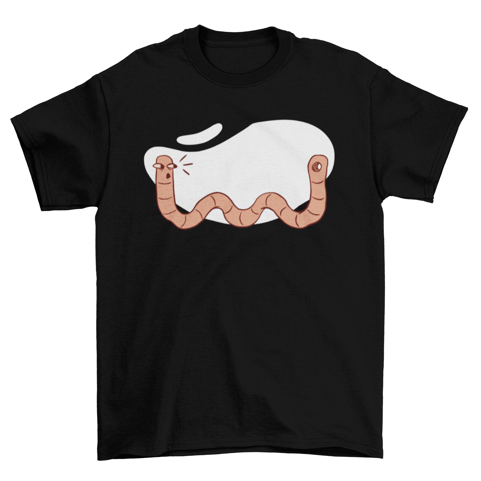 Wormhole funny cartoon t-shirt featuring a shocked worm with a hole in its body, humorously illustrating the concept of a wormhole.