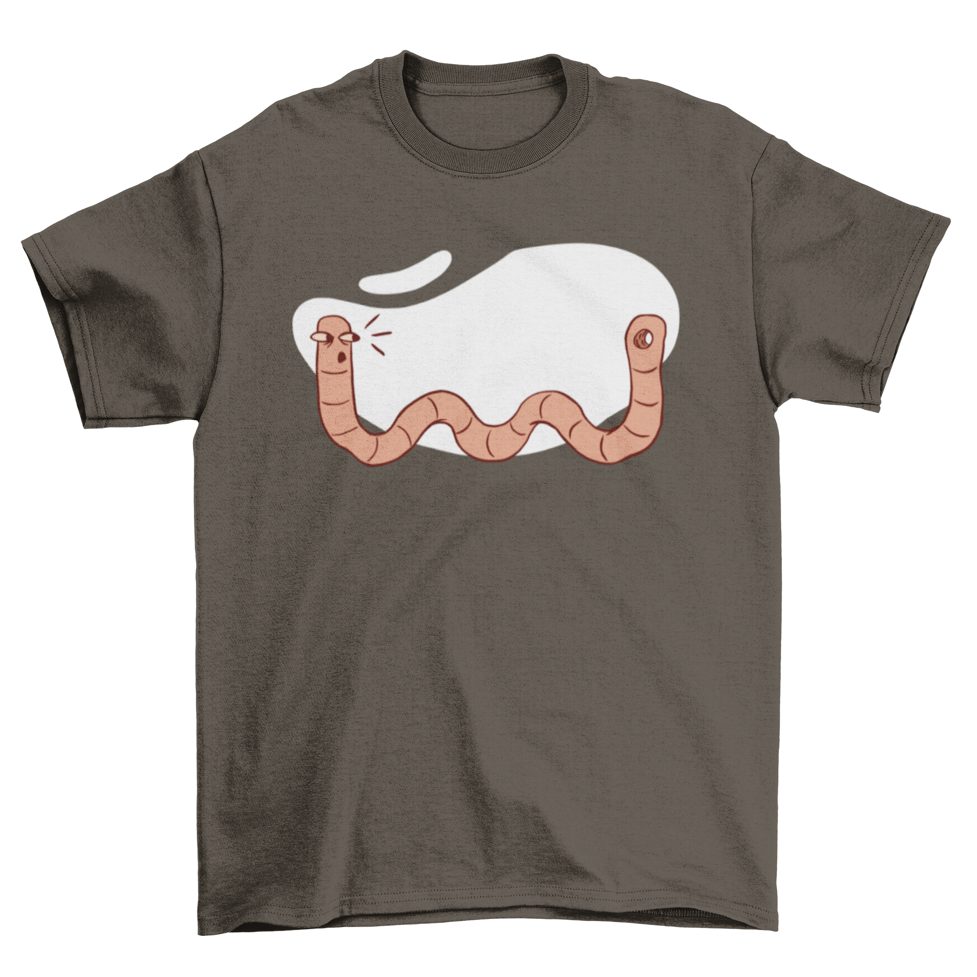 Wormhole funny cartoon t-shirt featuring a shocked worm with a hole in its body, humorously illustrating the concept of a wormhole.