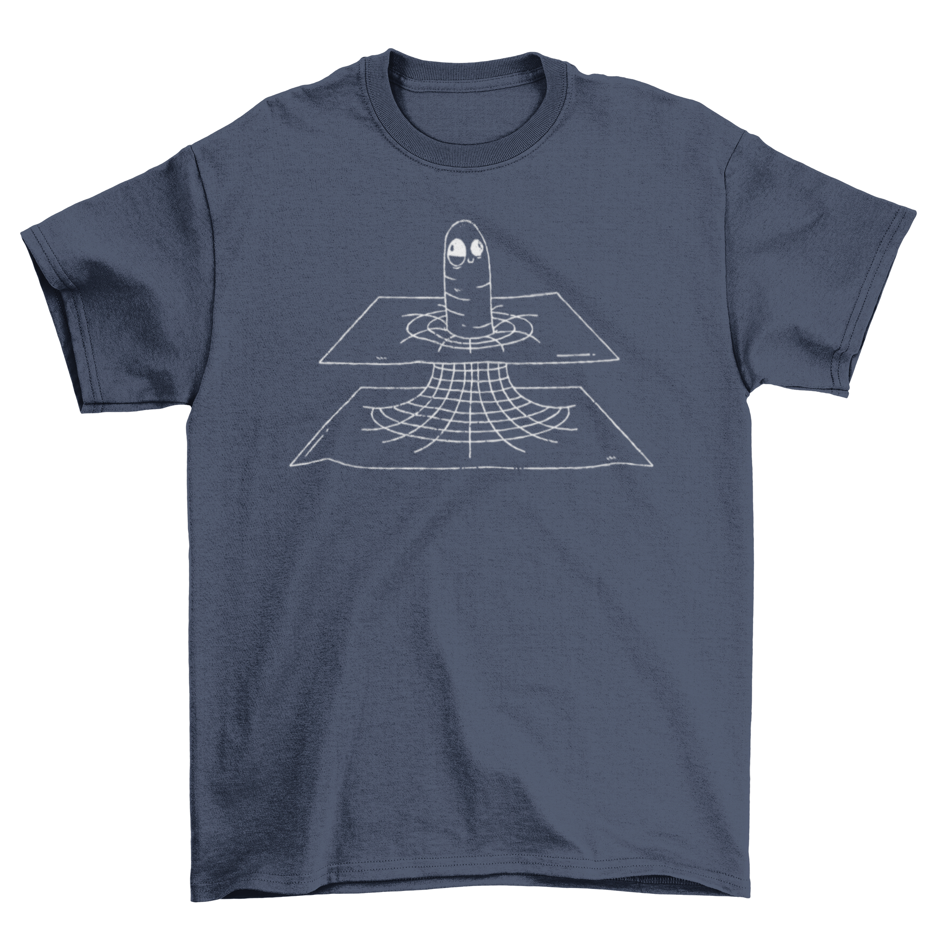 A humorous t-shirt featuring a cartoon worm emerging from a colorful wormhole diagram, perfect for science lovers.