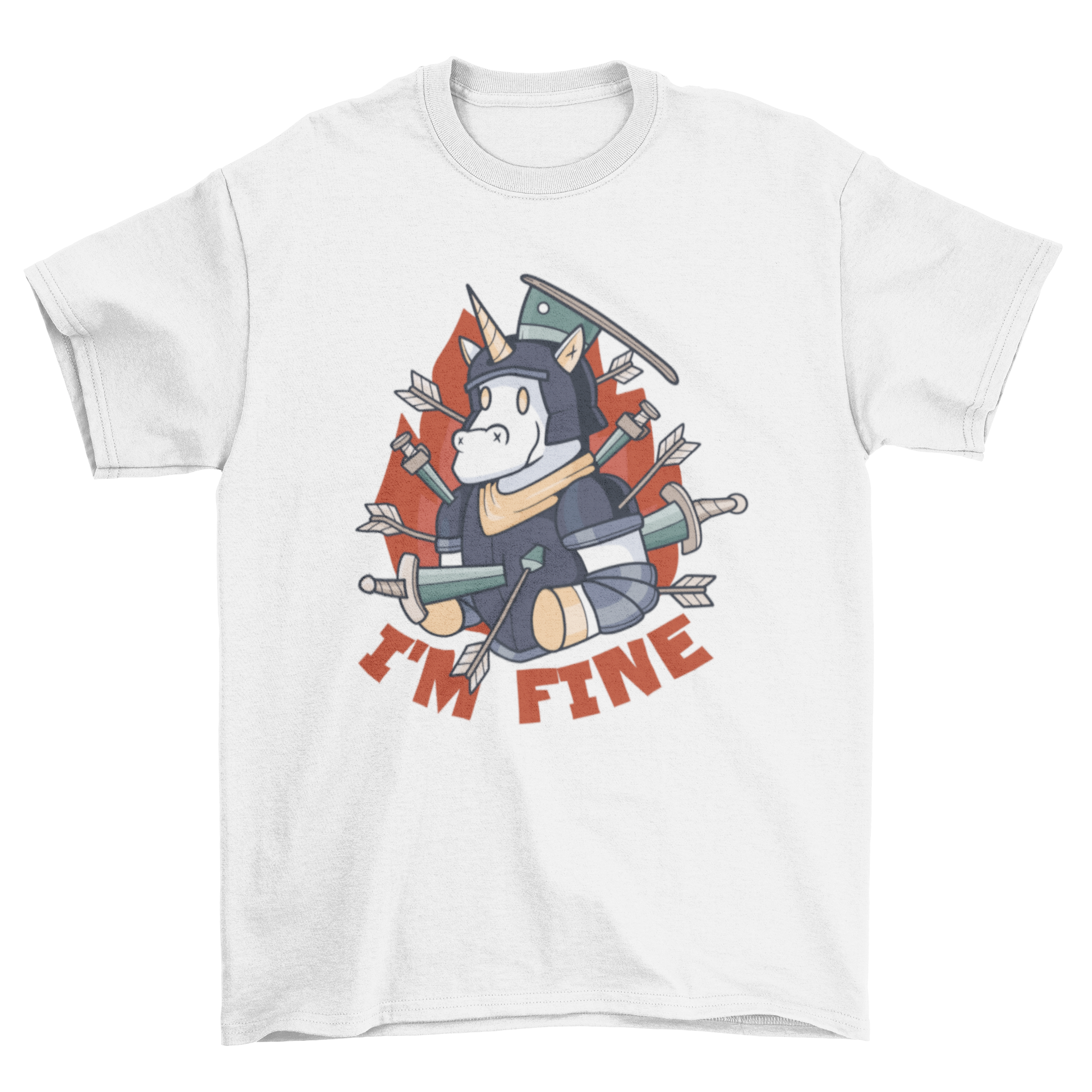 A humorous t-shirt featuring a wounded armored unicorn smiling with the caption 'I'm fine', showcasing a unique and playful design.