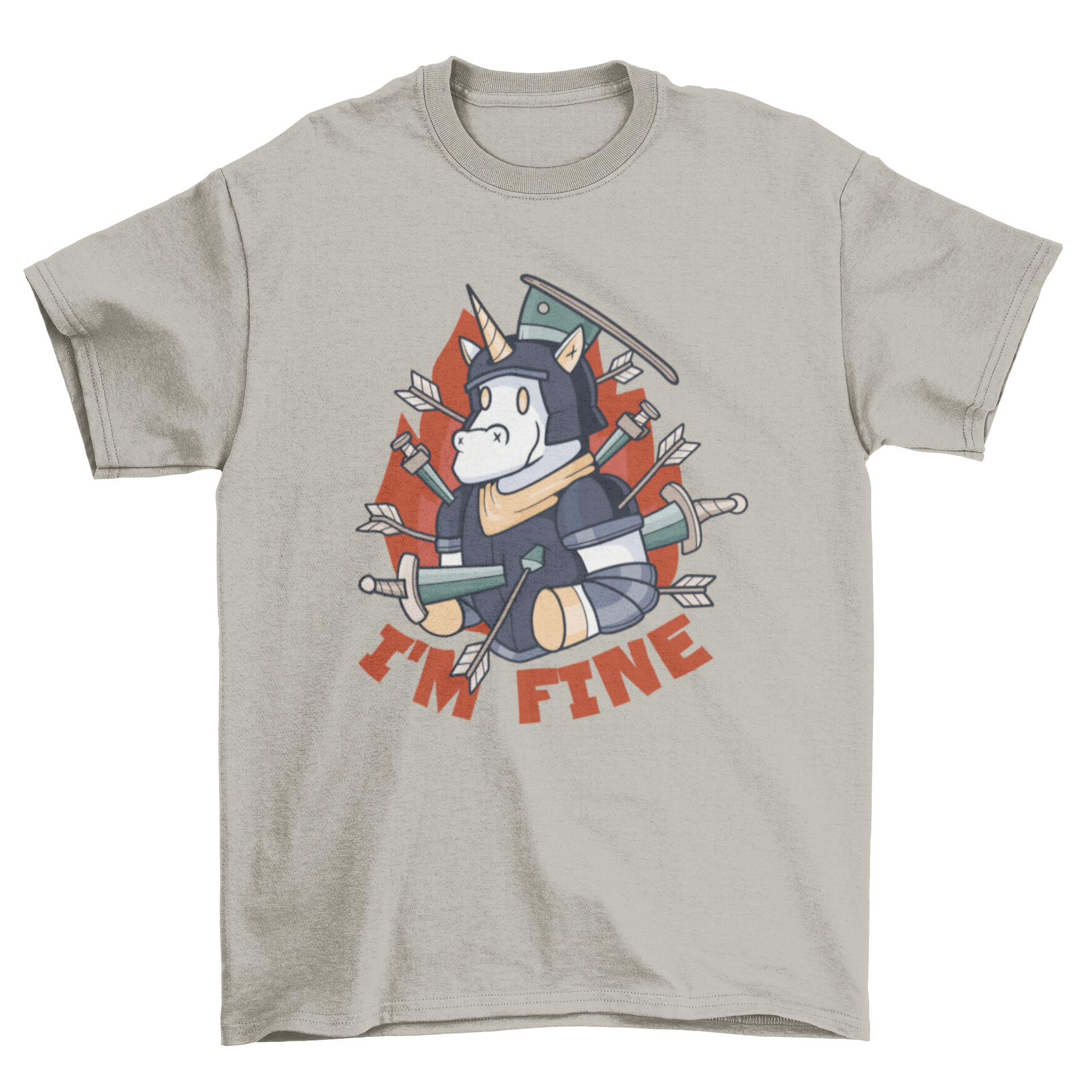 A humorous t-shirt featuring a wounded armored unicorn smiling with the caption 'I'm fine', showcasing a unique and playful design.