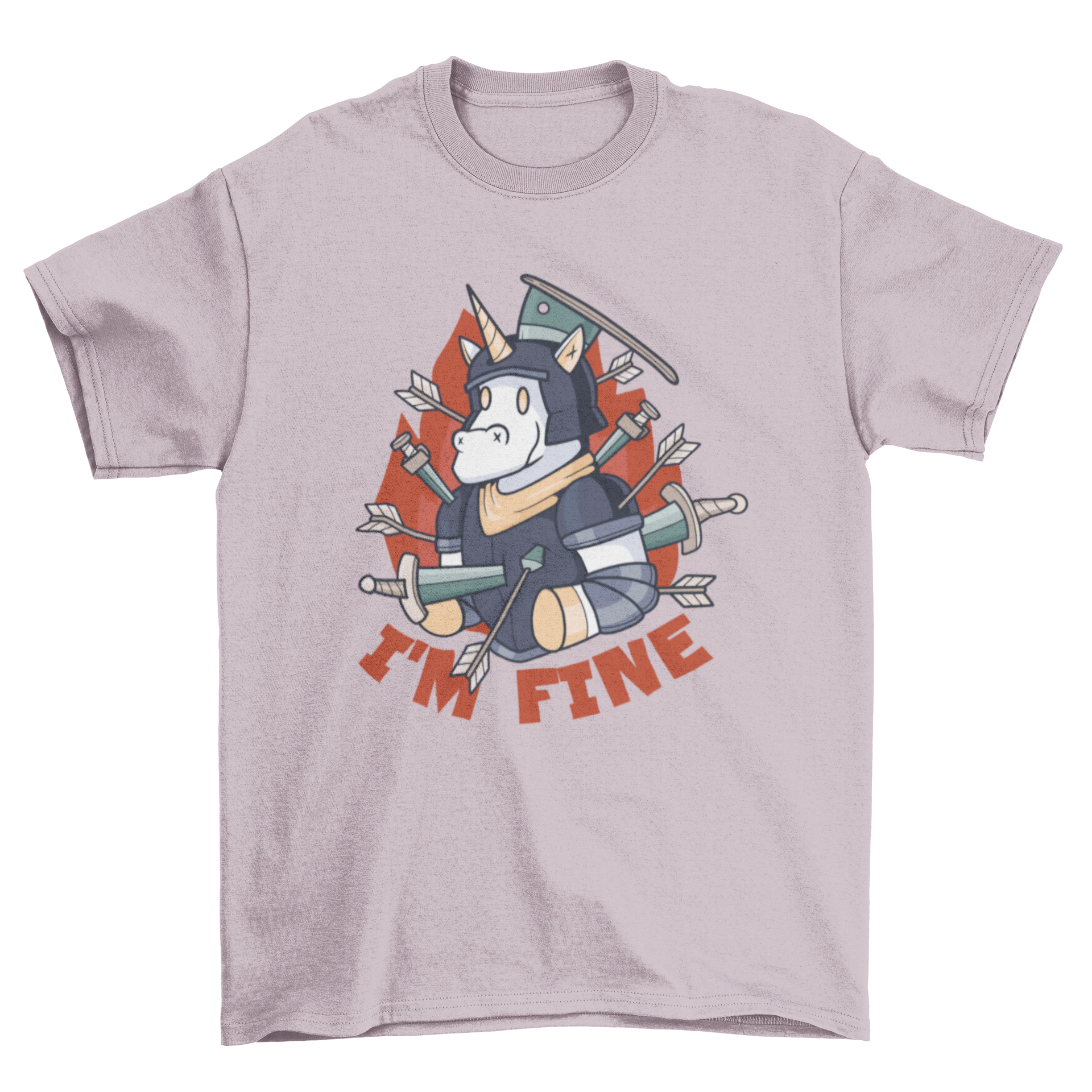 A humorous t-shirt featuring a wounded armored unicorn smiling with the caption 'I'm fine', showcasing a unique and playful design.