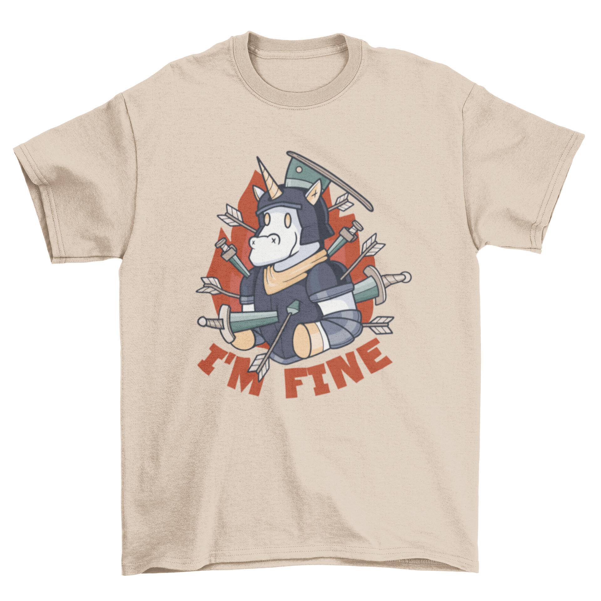 A humorous t-shirt featuring a wounded armored unicorn smiling with the caption 'I'm fine', showcasing a unique and playful design.