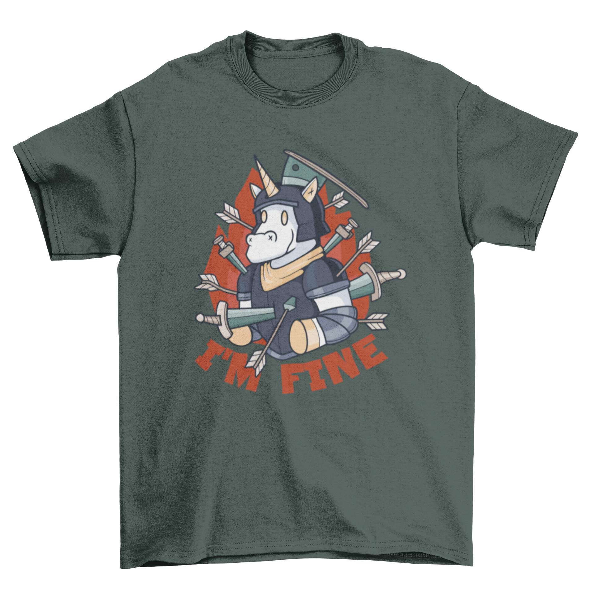 A humorous t-shirt featuring a wounded armored unicorn smiling with the caption 'I'm fine', showcasing a unique and playful design.