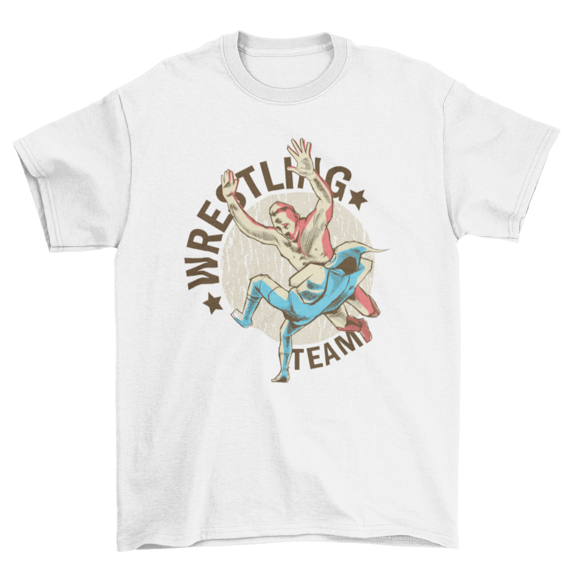 Wrestling team t-shirt featuring two wrestlers in action with the caption 'Wrestling Team'.