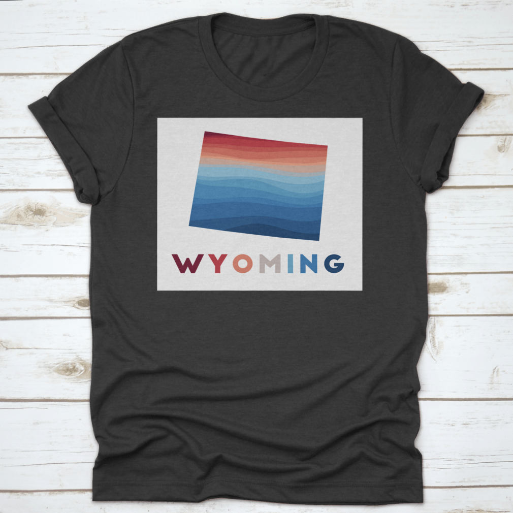 Wyoming Map featuring geometric waves in red and blue, showcasing artistic design and high-quality fabric.