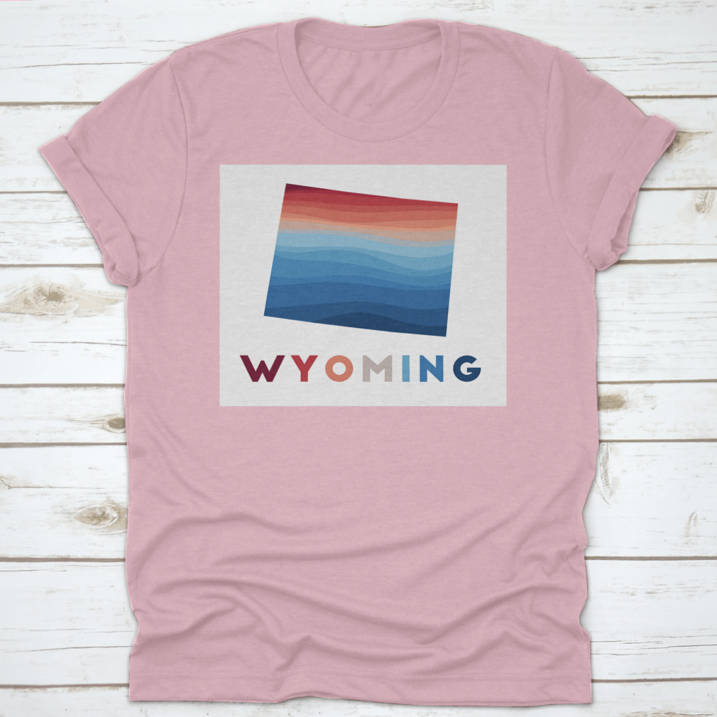 Wyoming Map featuring geometric waves in red and blue, showcasing artistic design and high-quality fabric.