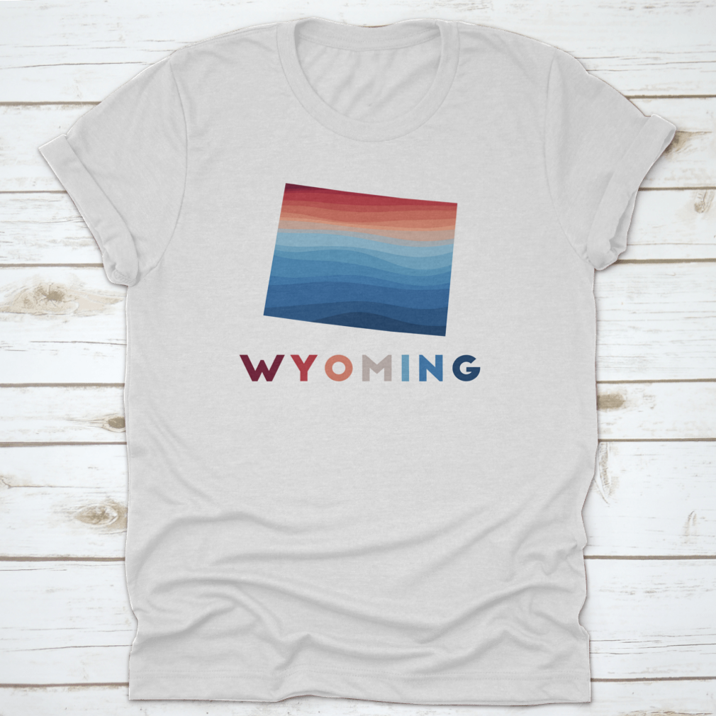 Wyoming Map featuring geometric waves in red and blue, showcasing artistic design and high-quality fabric.